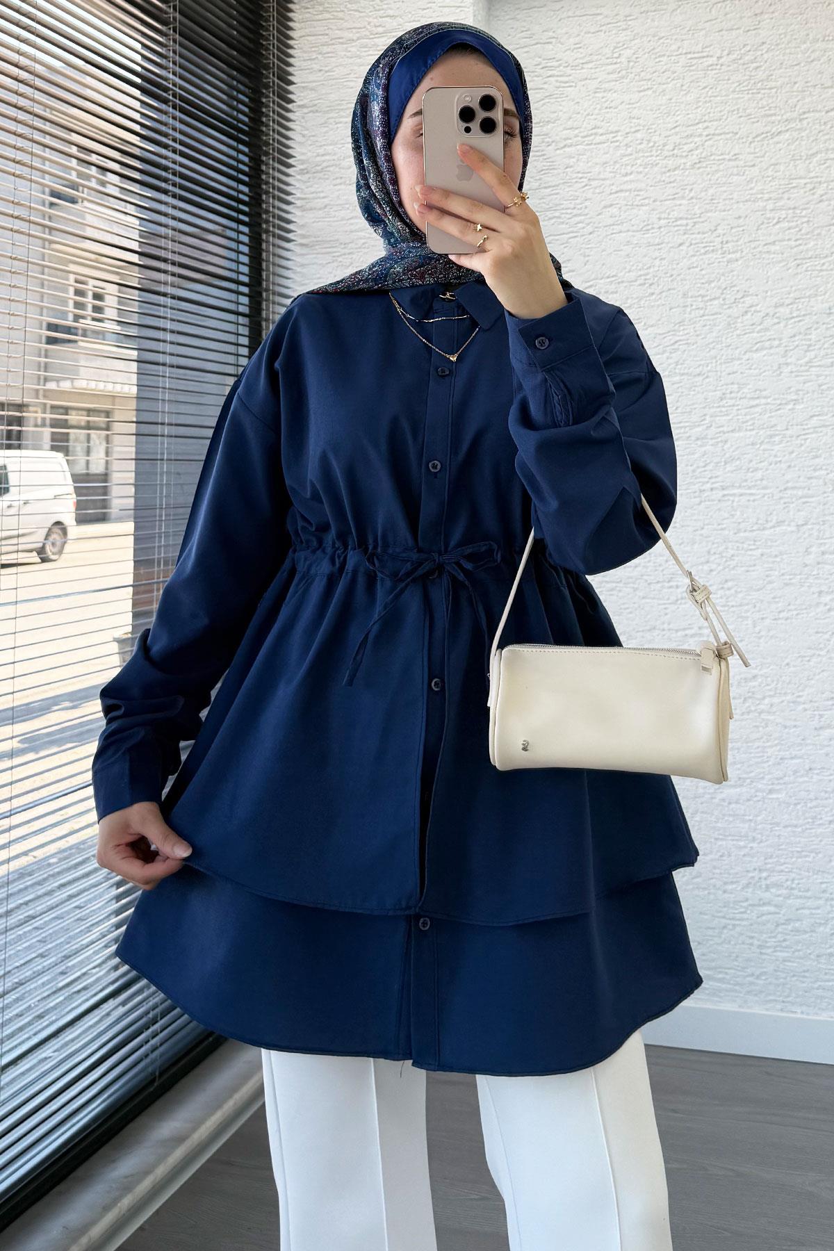 Belden Bağlamalı Çift Kat Volanlı Tunik - Lacivert