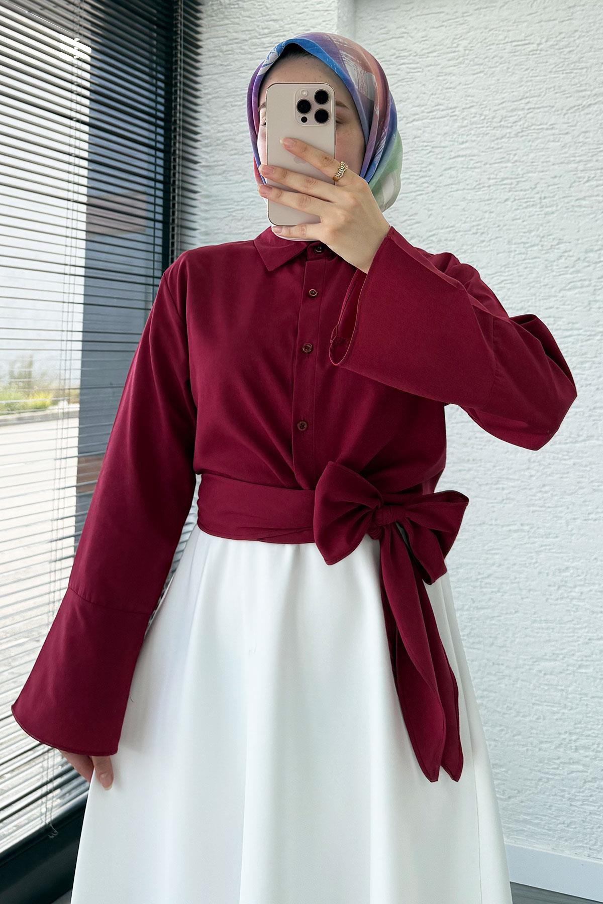 Belden Bağlamalı Poplin Gömlek - Bordo