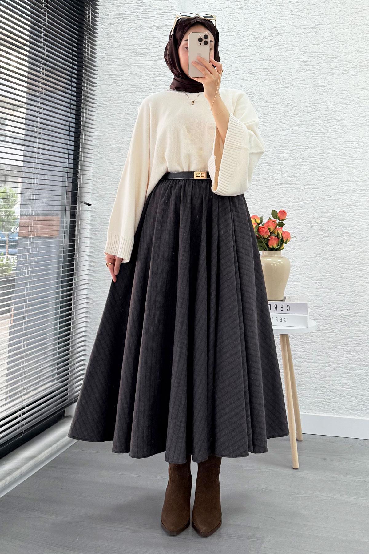 Beli Lastikli Midiboy Ekose Desen Etek - Acı Kahve