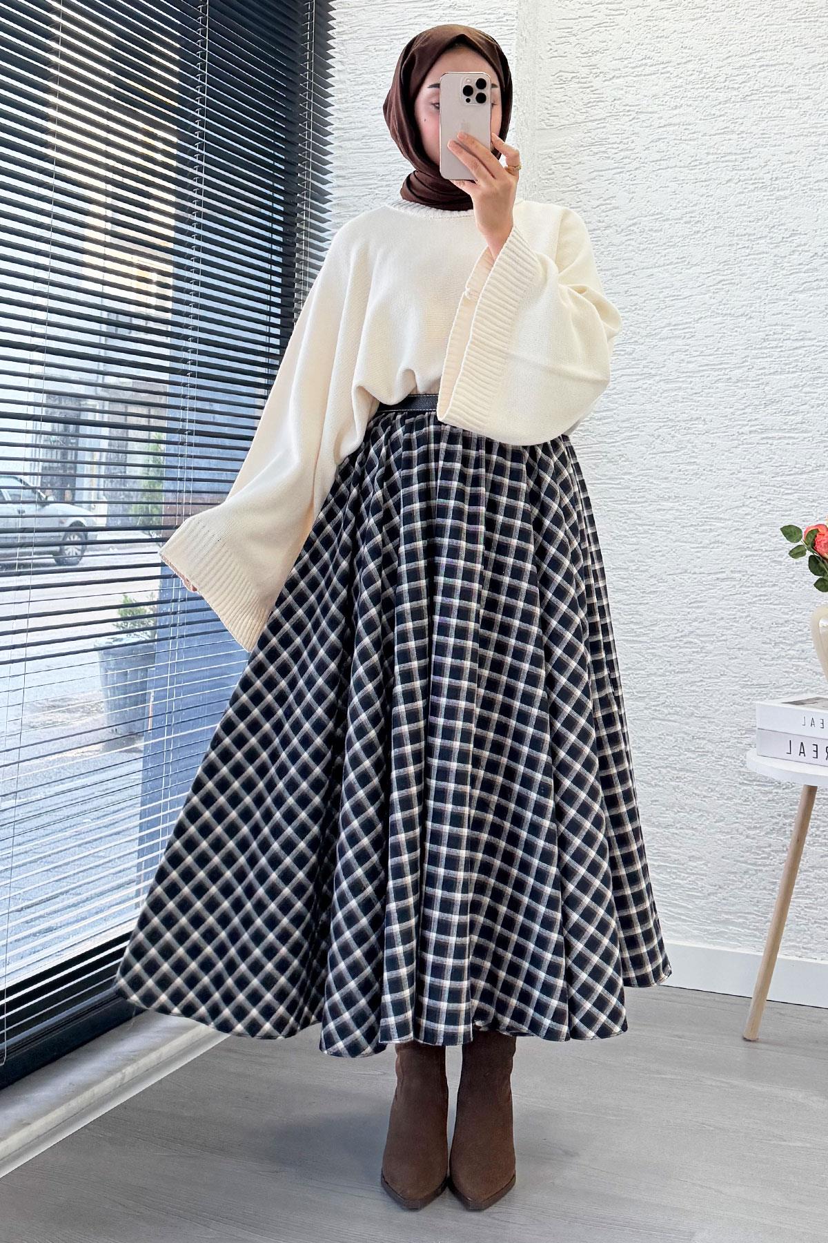 Beli Lastikli Midiboy Ekose Desen Etek - Siyah