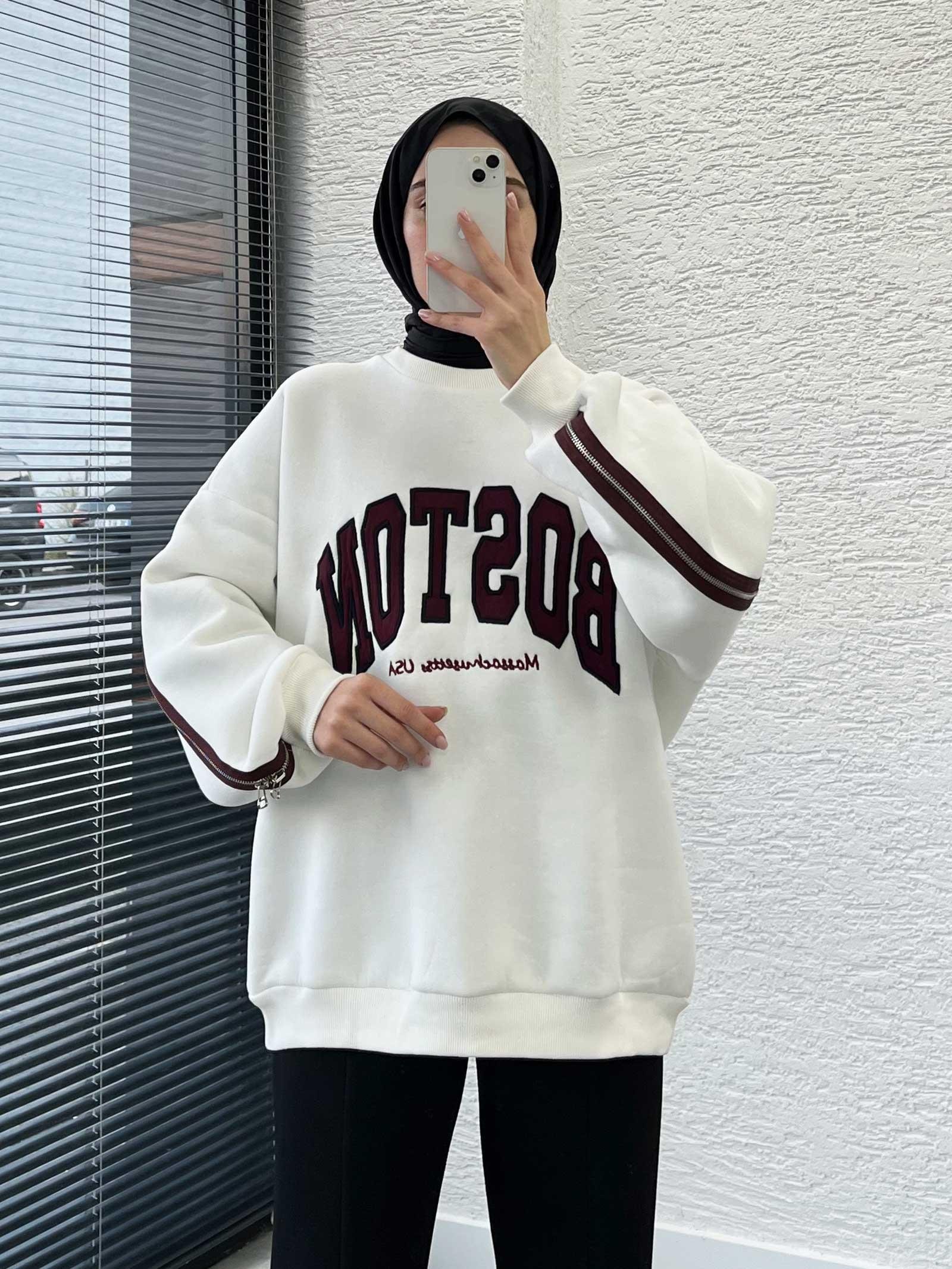 Beyaz Arka Fermuarlı Oversize Kadın Sweat