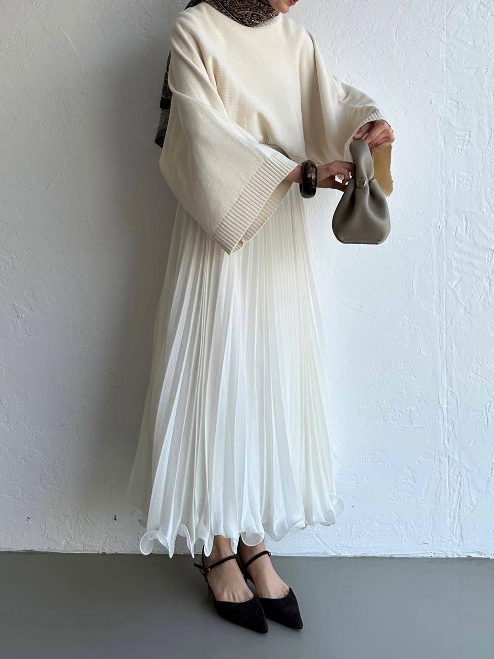 Beyaz Şifon Pileli Etek