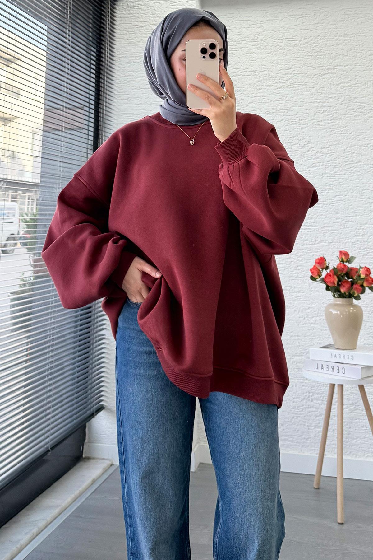 Bisiklet Yaka Oversize Kadın Sweat – Bordo