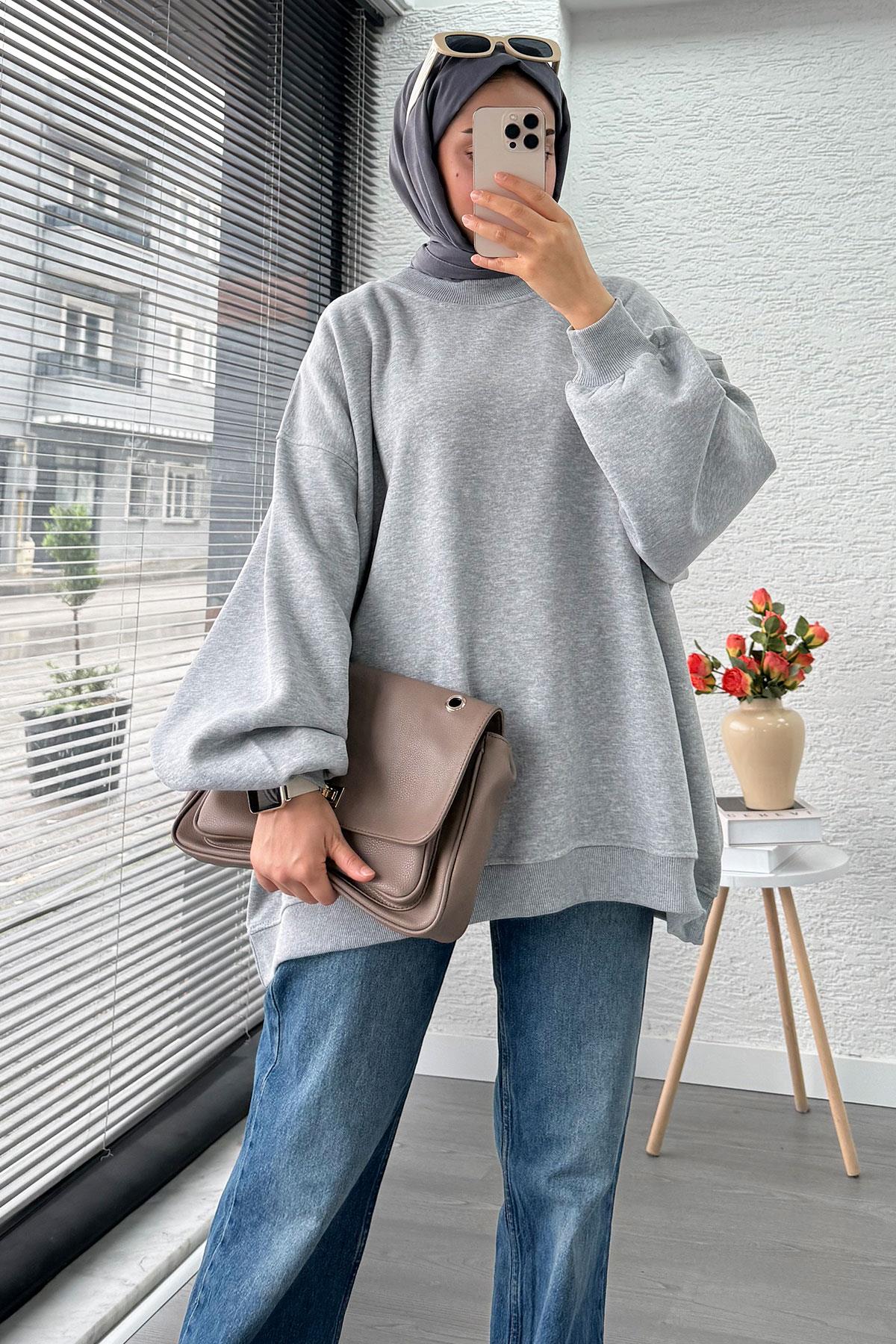 Bisiklet Yaka Oversize Kadın Sweat – Gri