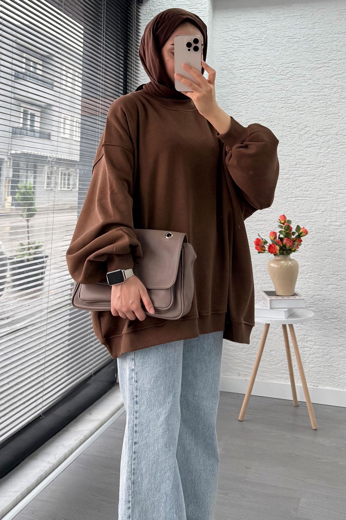 Bisiklet Yaka Oversize Kadın Sweat – Kahverengi