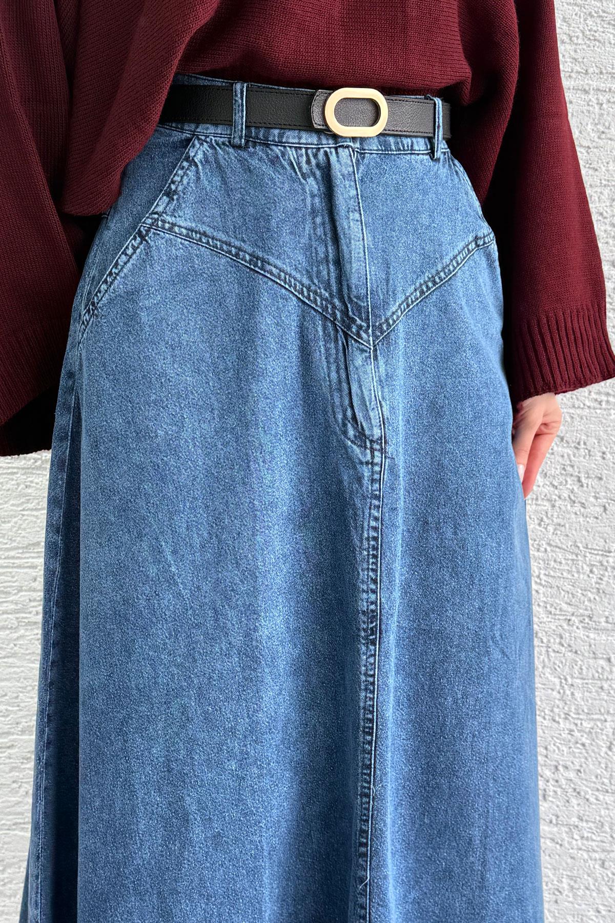 Biye Detay Kloş Denim Kot Etek Modeli