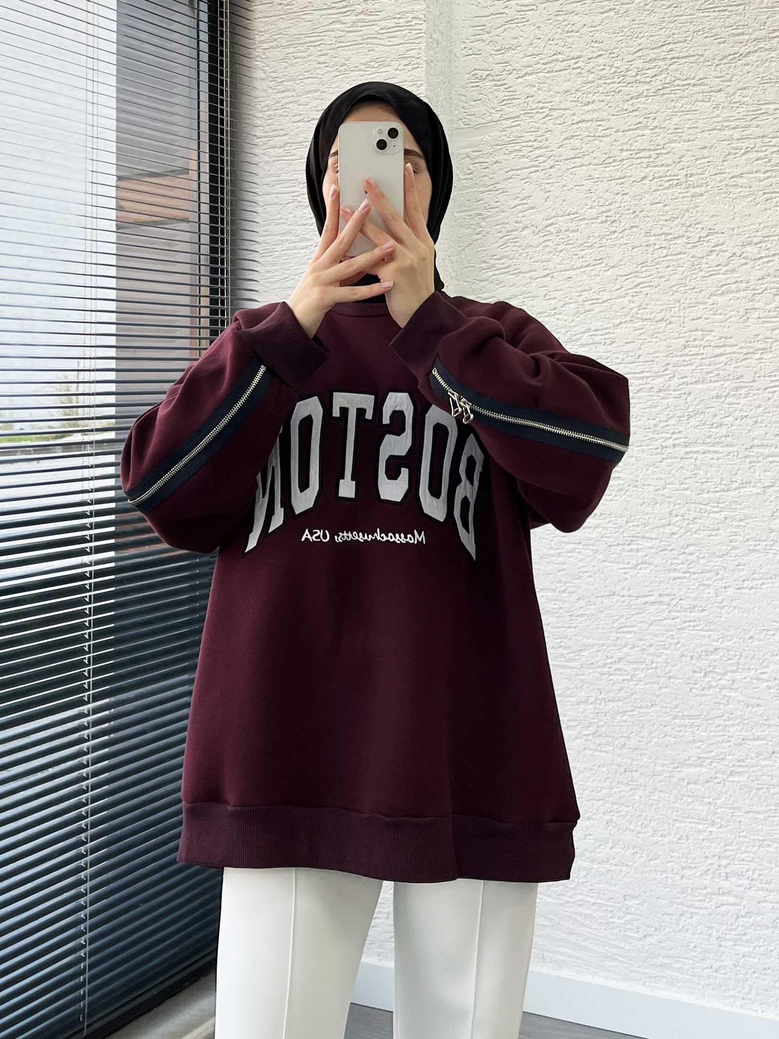 Bordo Arka Fermuarlı Oversize Kadın Sweat