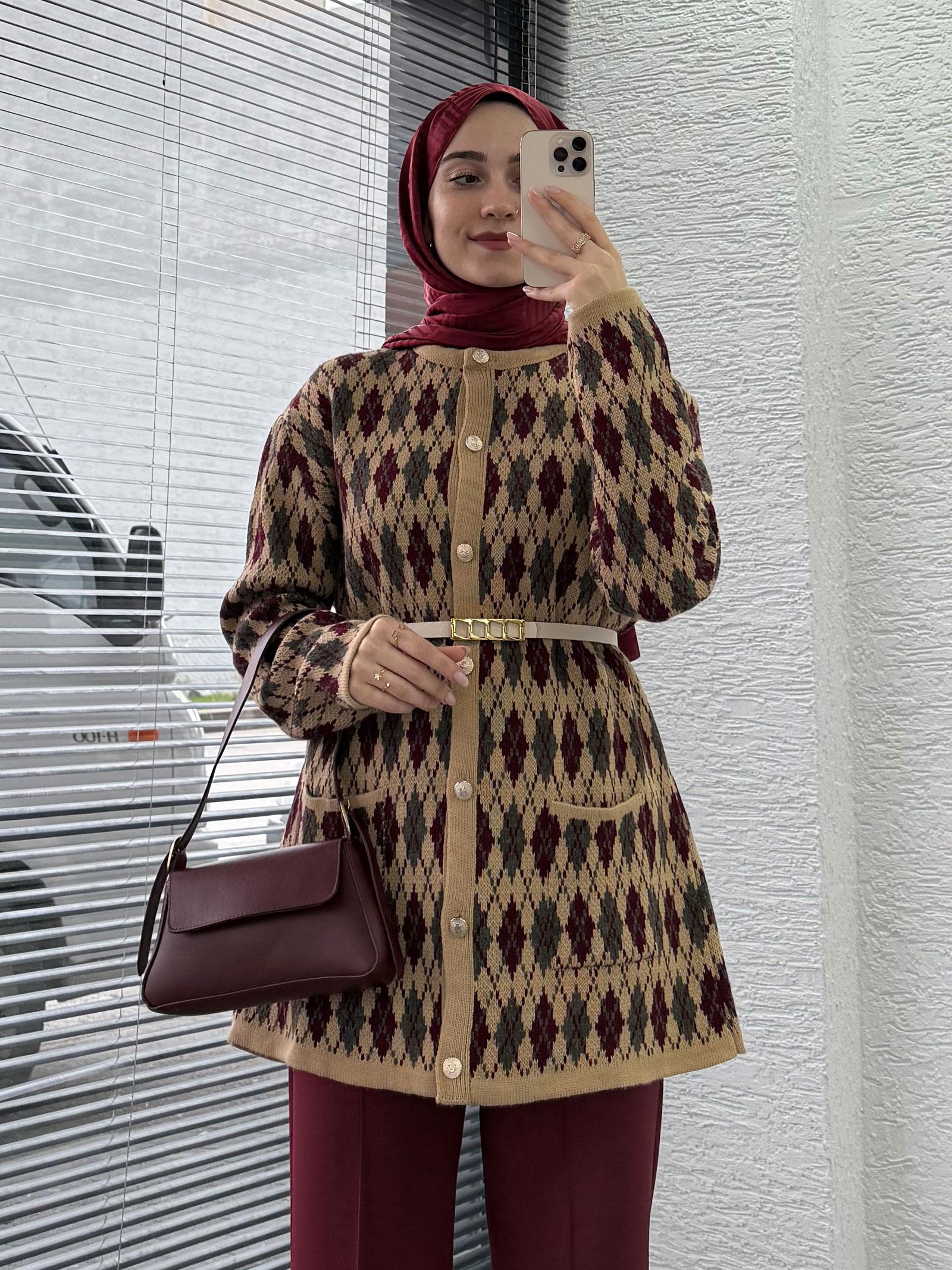 Bordo Baklava Desenli Hırka