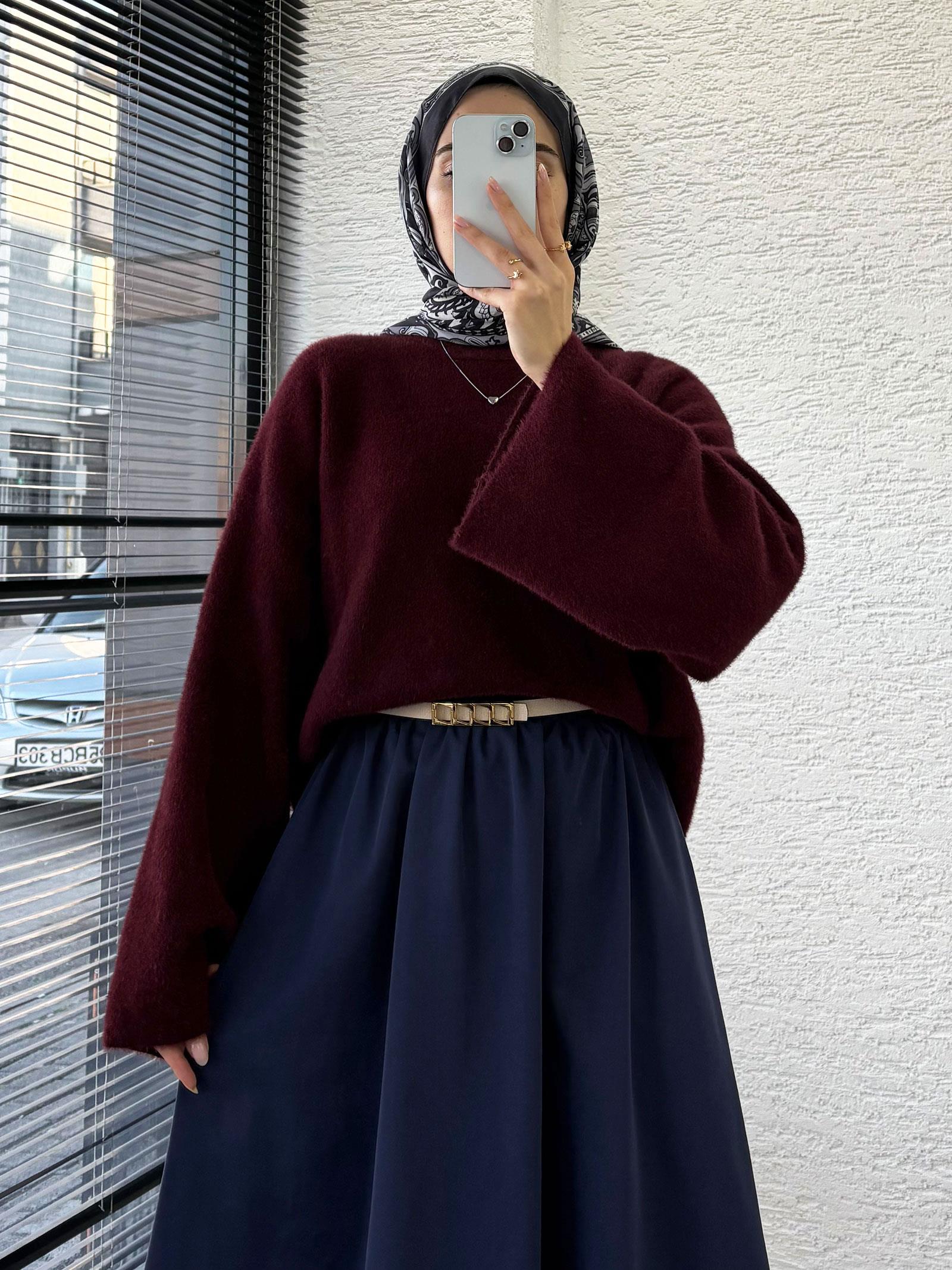 Bordo Geniş Kol Detaylı Marka Model Yumoş Kazak