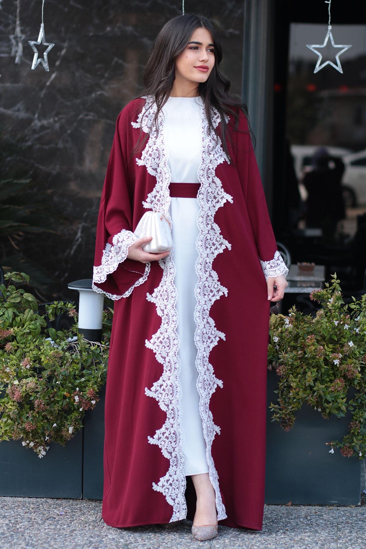 Bordo Güpür Detaylı Abaya