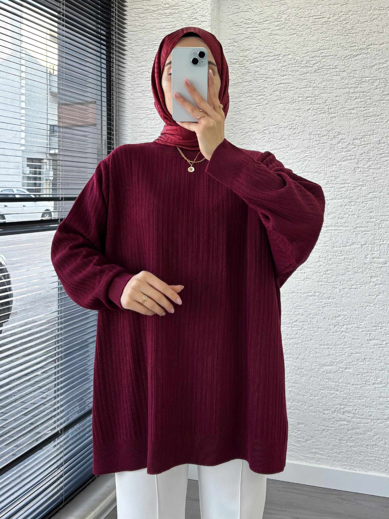 Bordo Kadın Fitilli Oversize Kazak