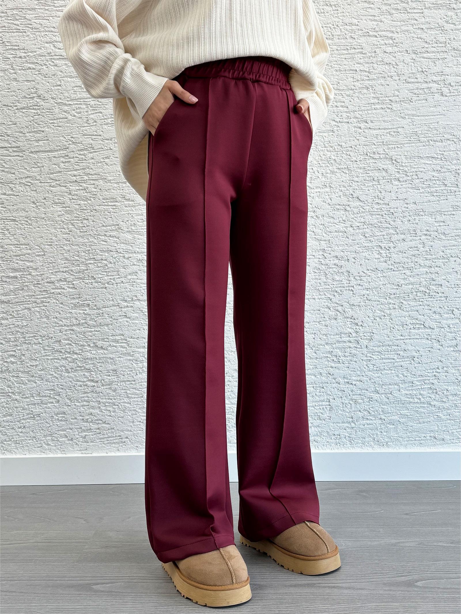 Bordo Kadın Scuba Kumaş Bol Paça Pantolon