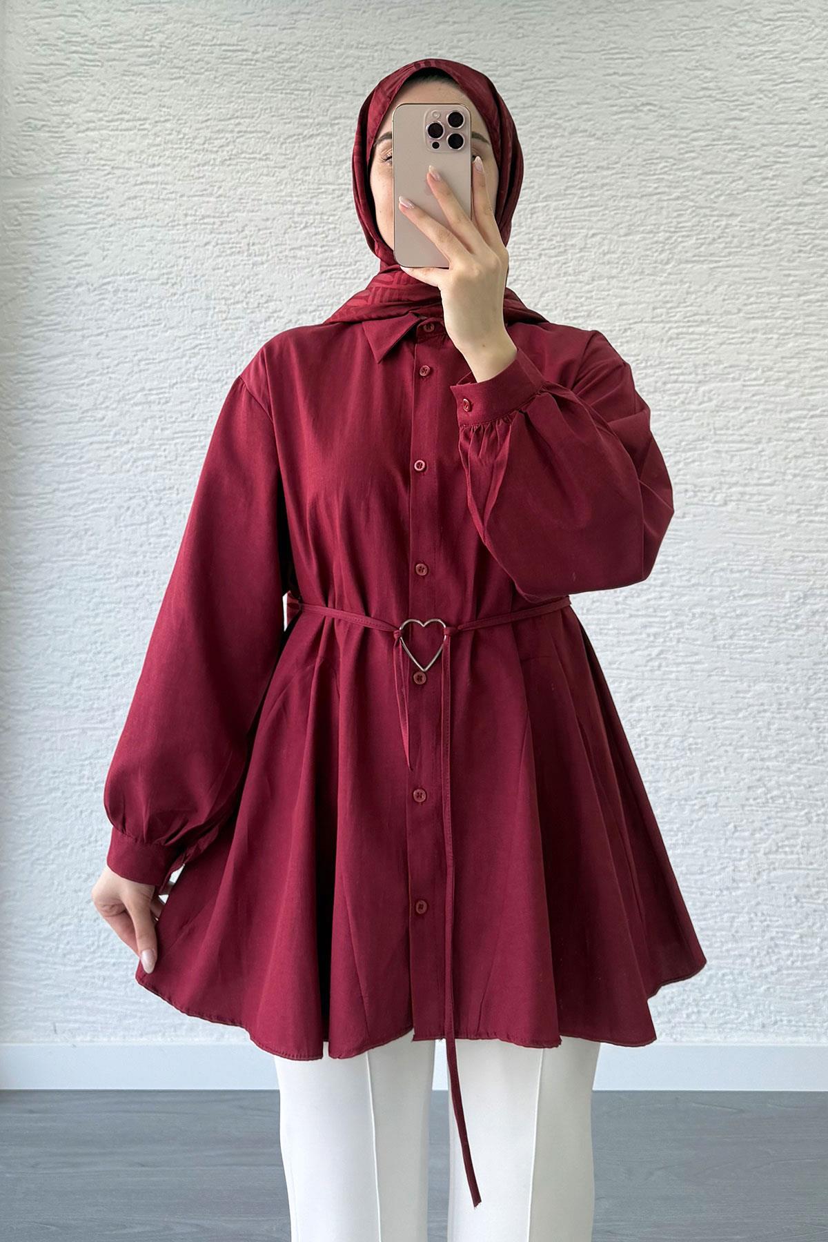Bordo Kalp Kemerli Tunik