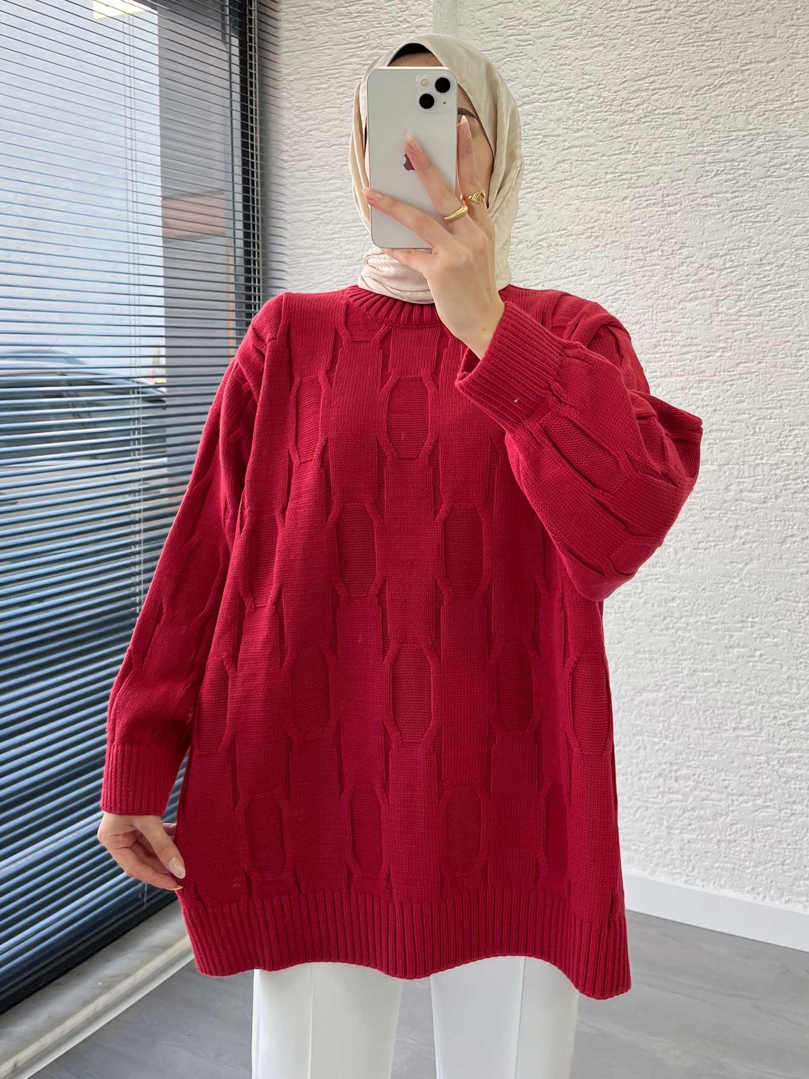 Bordo Kare Desenli Oversize Kadın Kazak