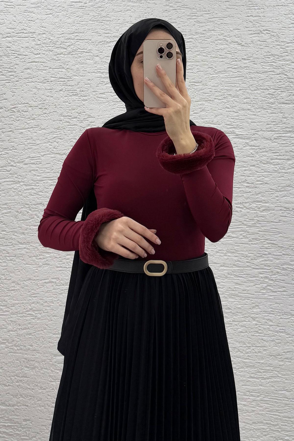 Bordo Kolu Peluş Detaylı Kadın Bluz