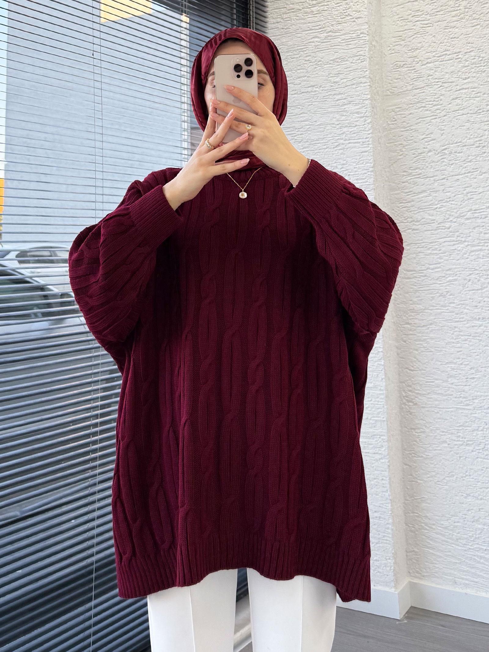 Bordo Örgü Desen Oversize Kadın Kazak
