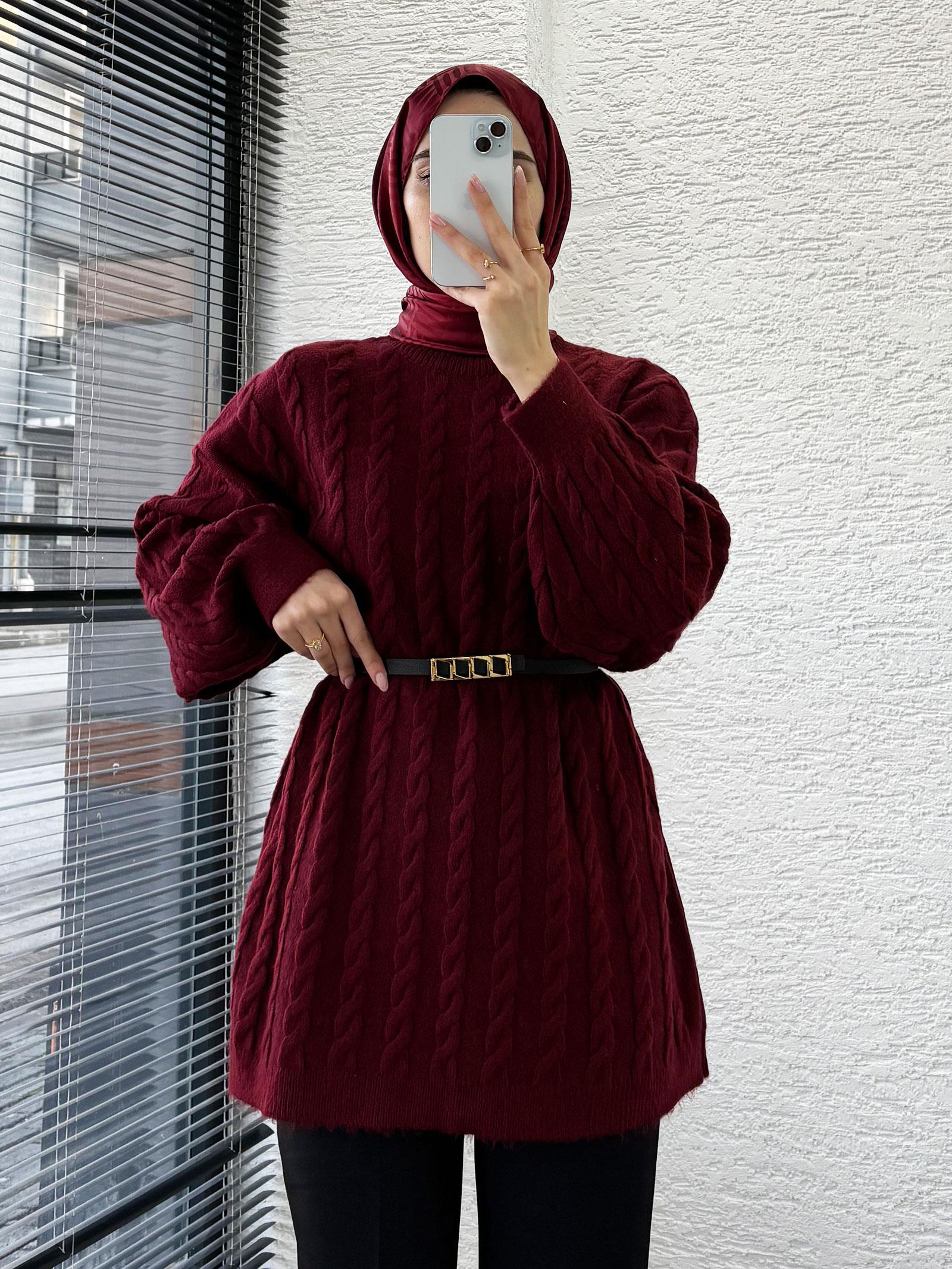 Bordo Örgü Desenli Oversize Kadın Kazak