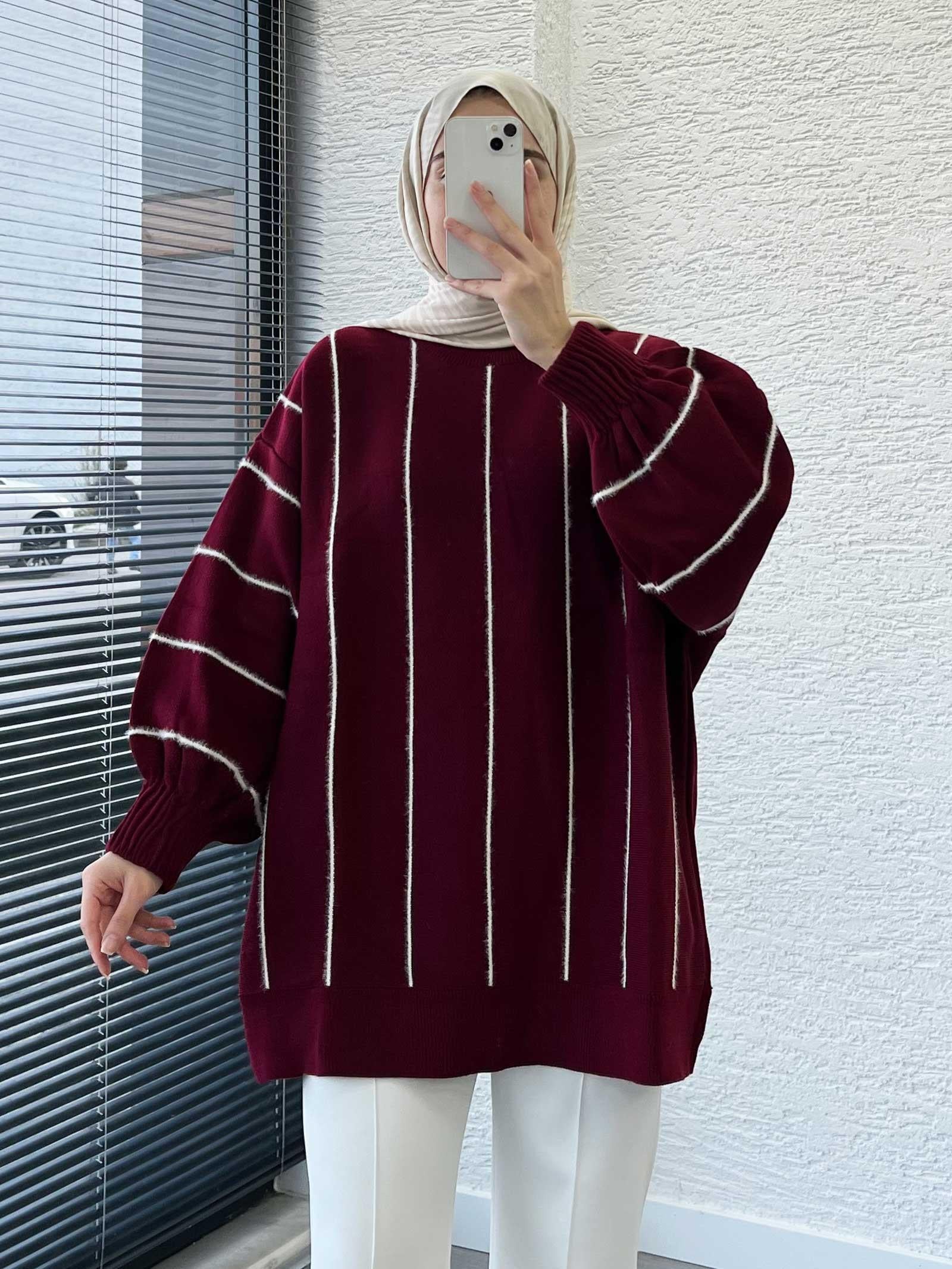 Bordo Oversize Kolu Lastikli Çizgili Kadın Kazak