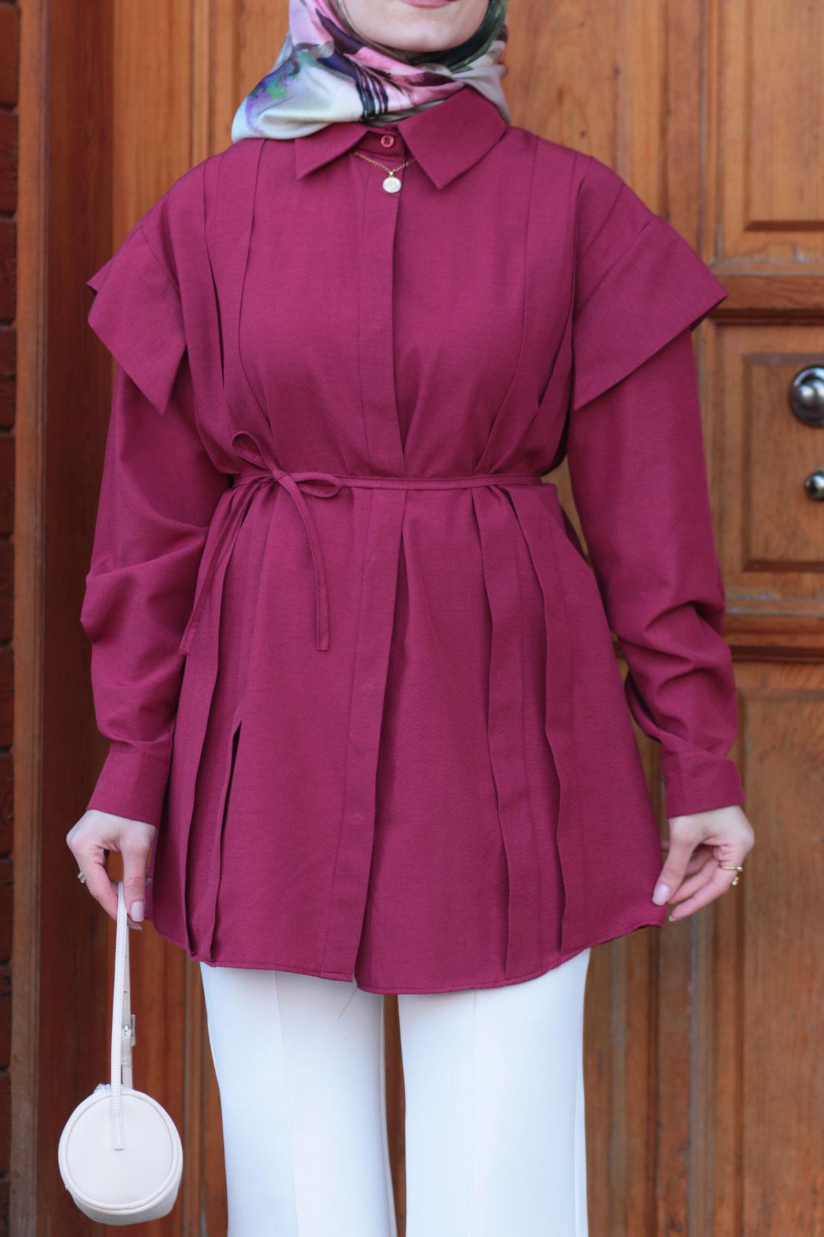 Bordo Pileli Kemerli Tunik