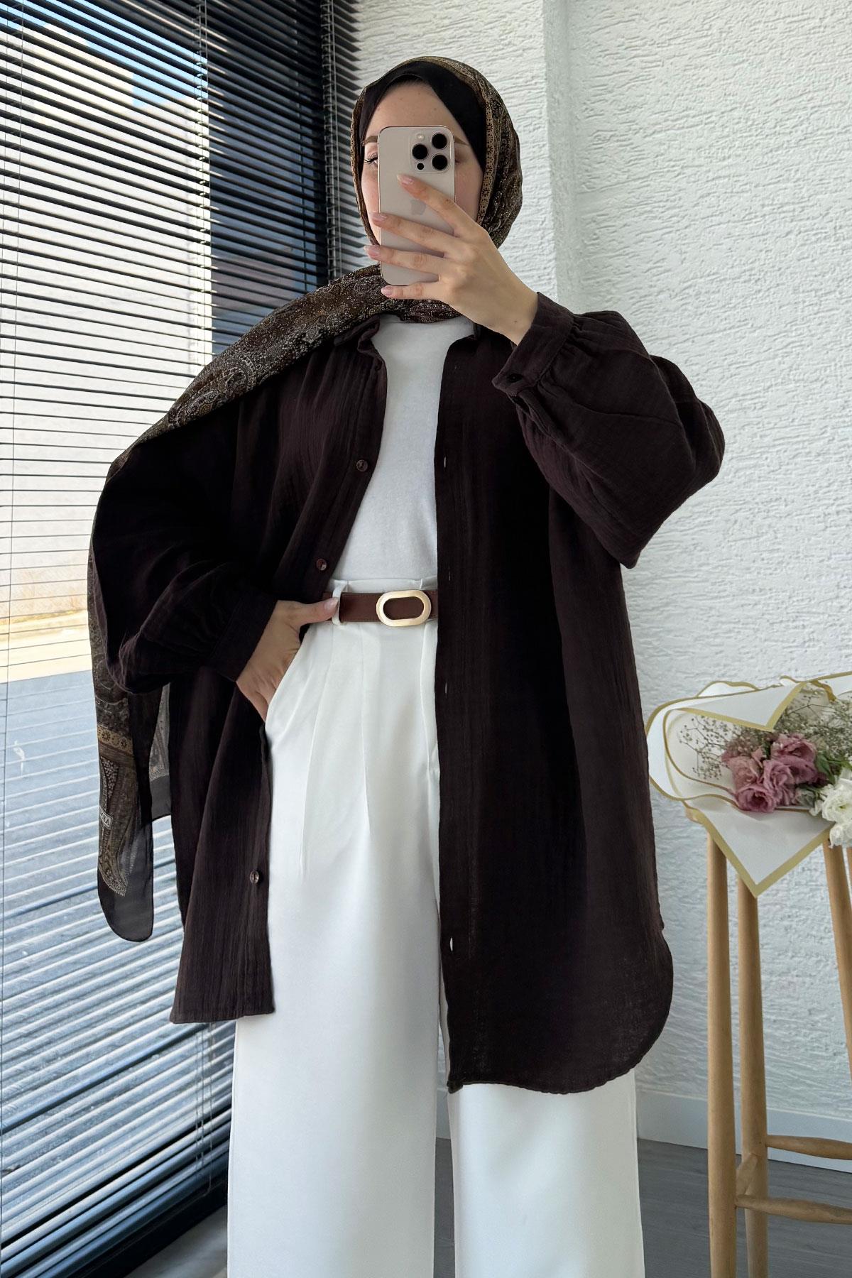 Boydan Düğmeli Oversize Müslin Tunik – Acı Kahve