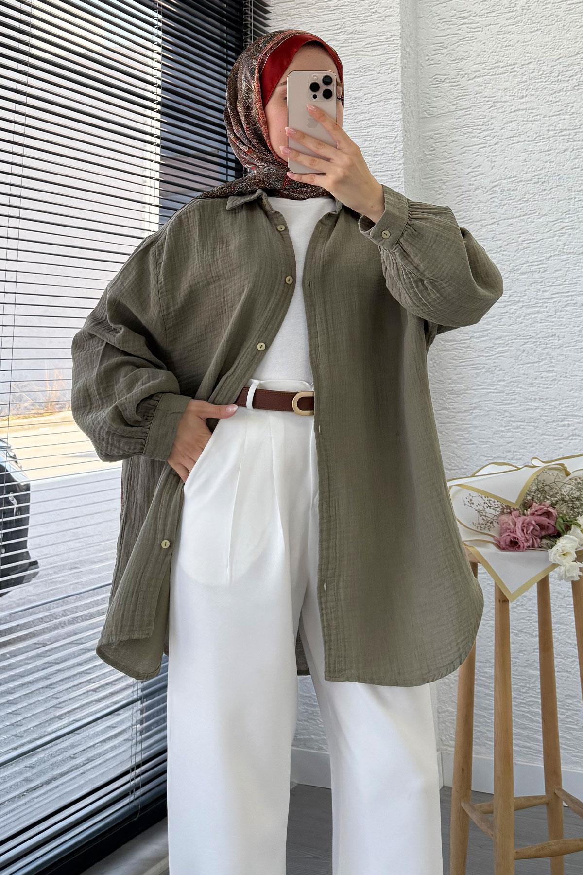 Boydan Düğmeli Oversize Müslin Tunik – Haki