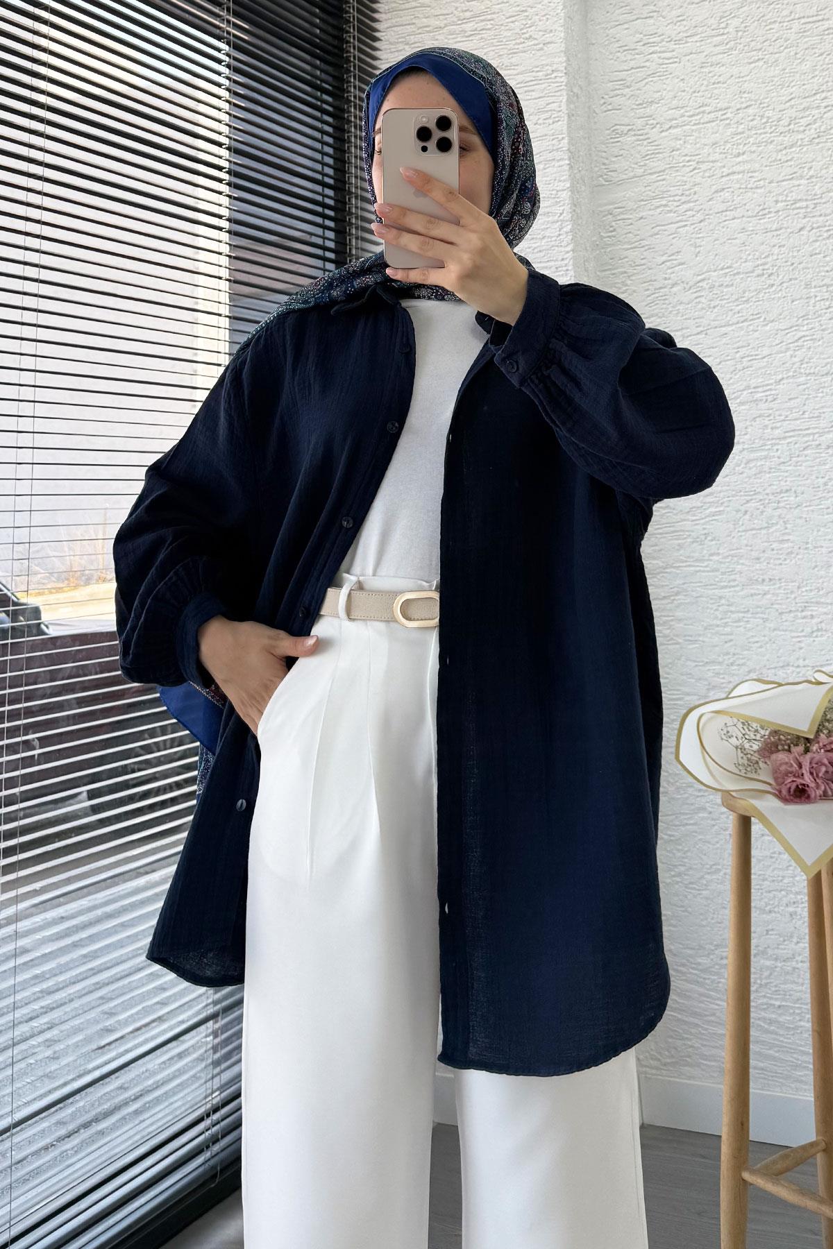 Boydan Düğmeli Oversize Müslin Tunik – Lacivert