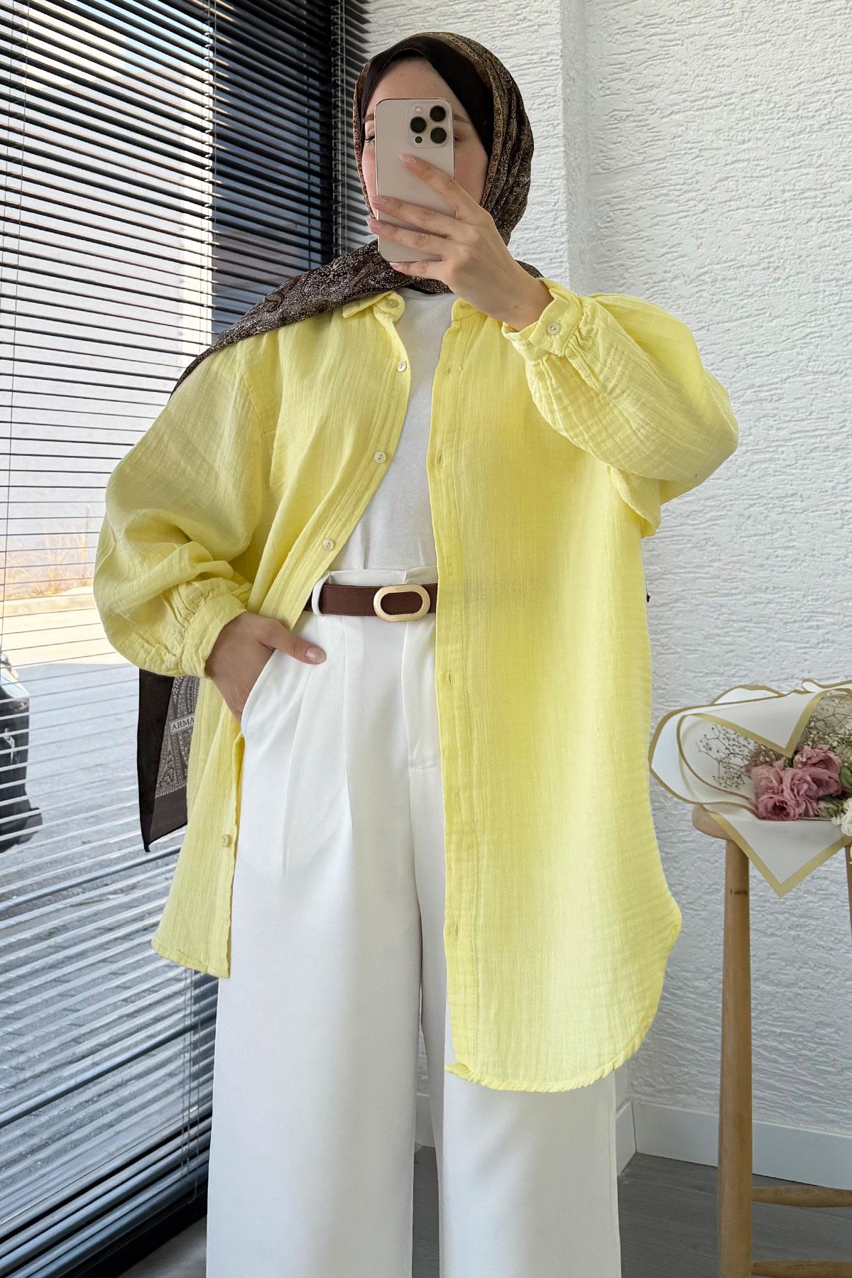 Boydan Düğmeli Oversize Müslin Tunik – Sarı