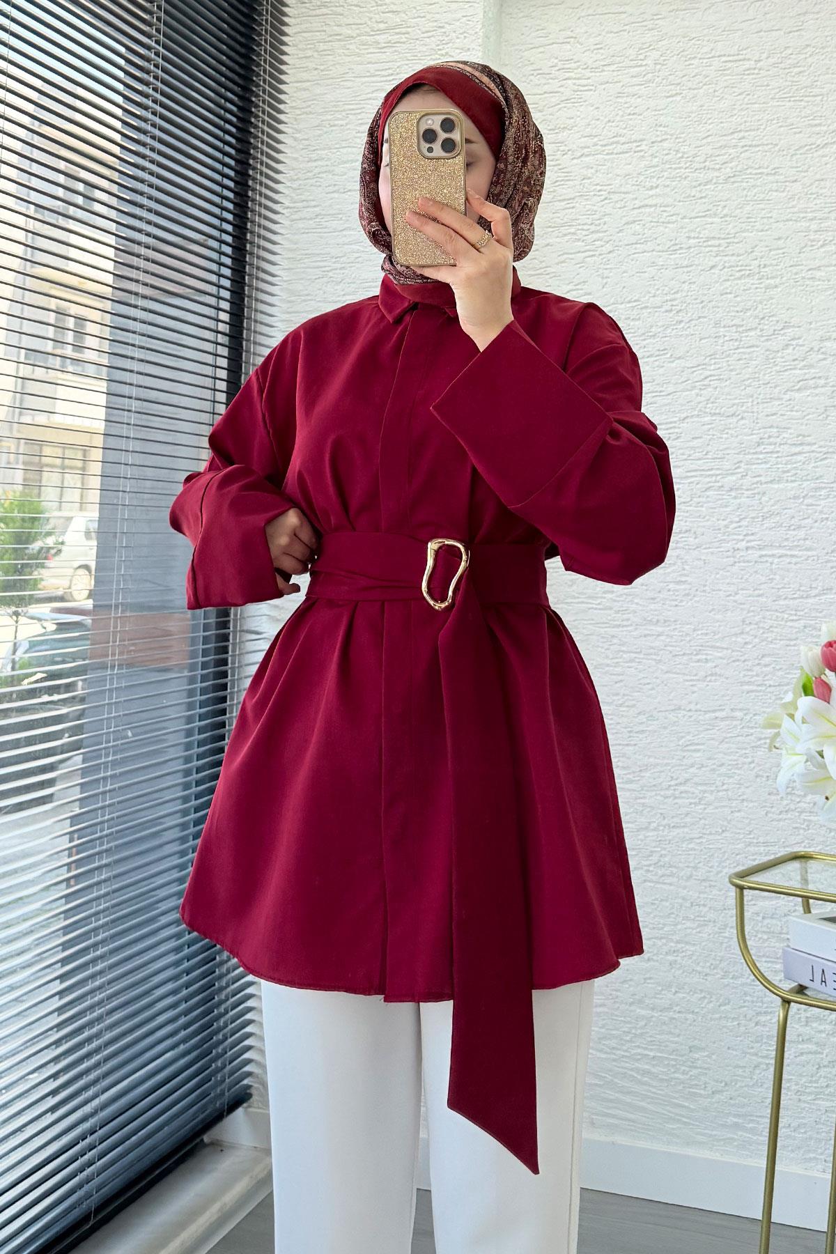 Bronş Detaylı Geniş Kemerli Poplin Tunik – Bordo