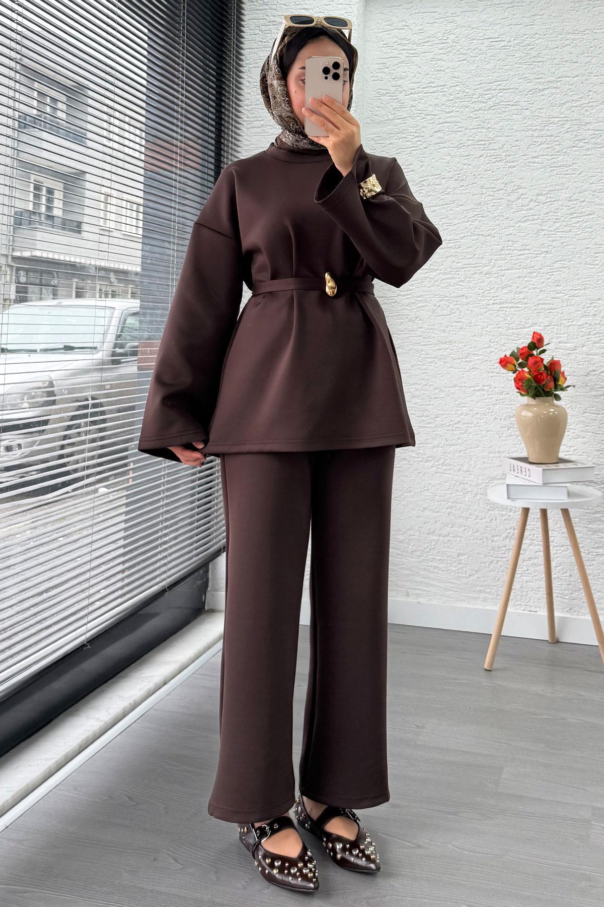 Bronş Kemerli Scuba Kadın İkili Takım – Kahverengi