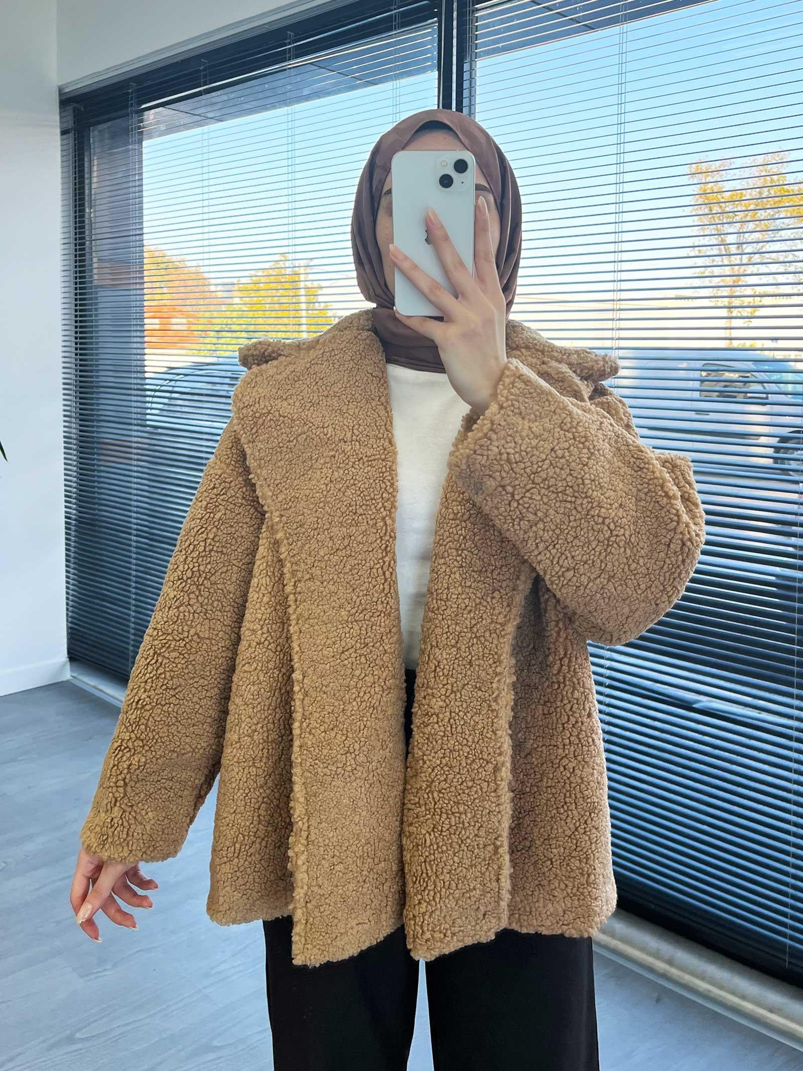 Camel Oversize Yumuşak Dokulu Kısa Kadın Teddy Kaban