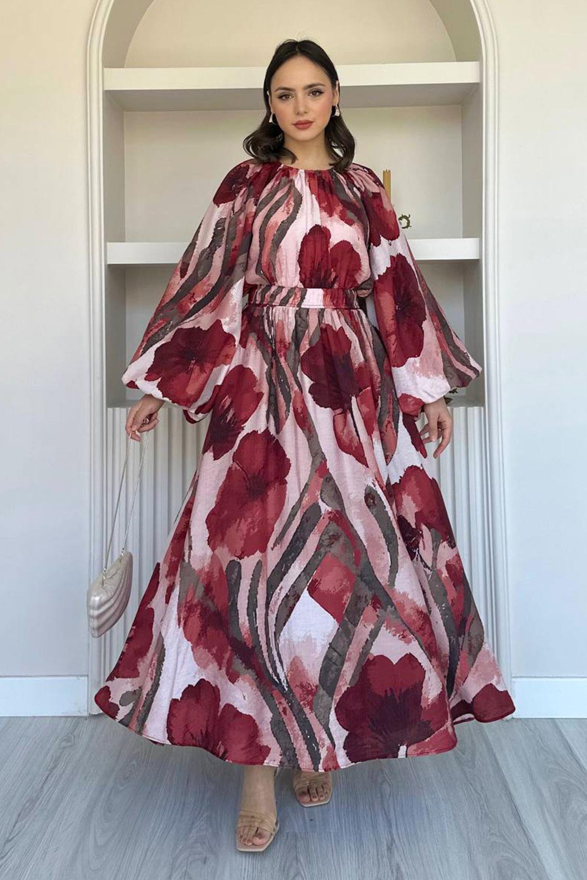 Çiçek Desenli Etekli Takım-Bordo