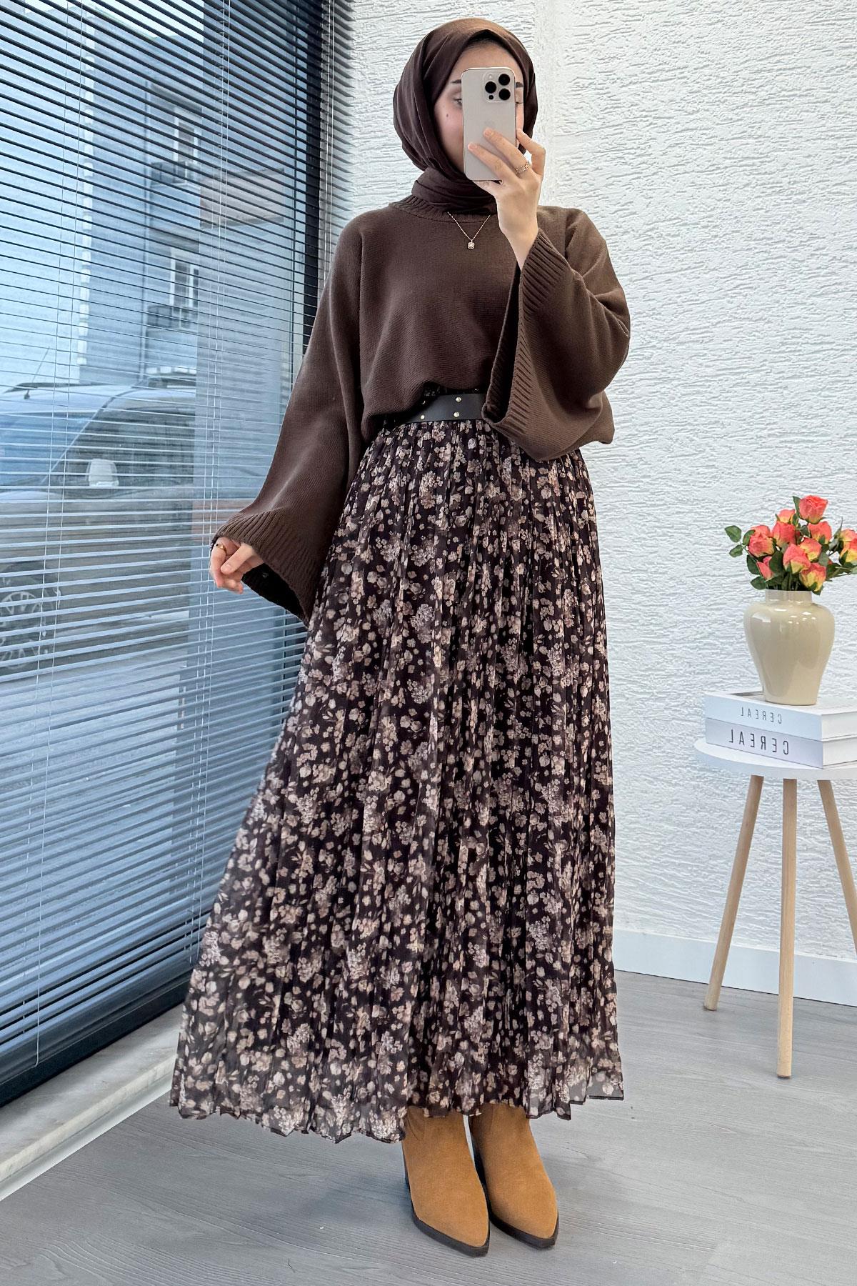 Çiçek Desenli Kemerli Şifon Etek - Kahverengi