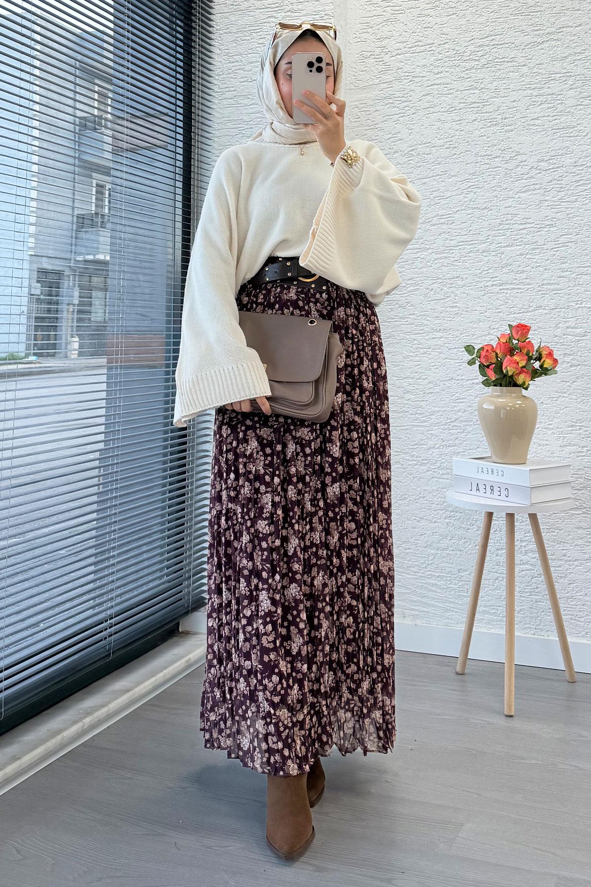 Çiçek Desenli Kemerli Şifon Etek - Mürdüm