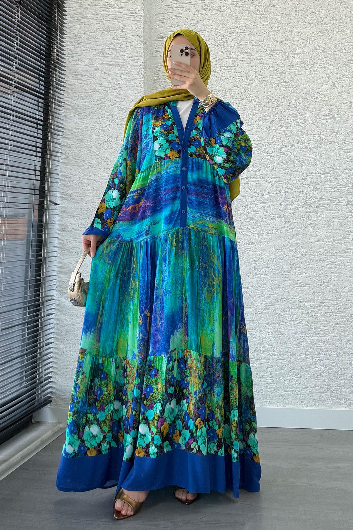 Çiçek Desenli Viskon Elbise – Mavi