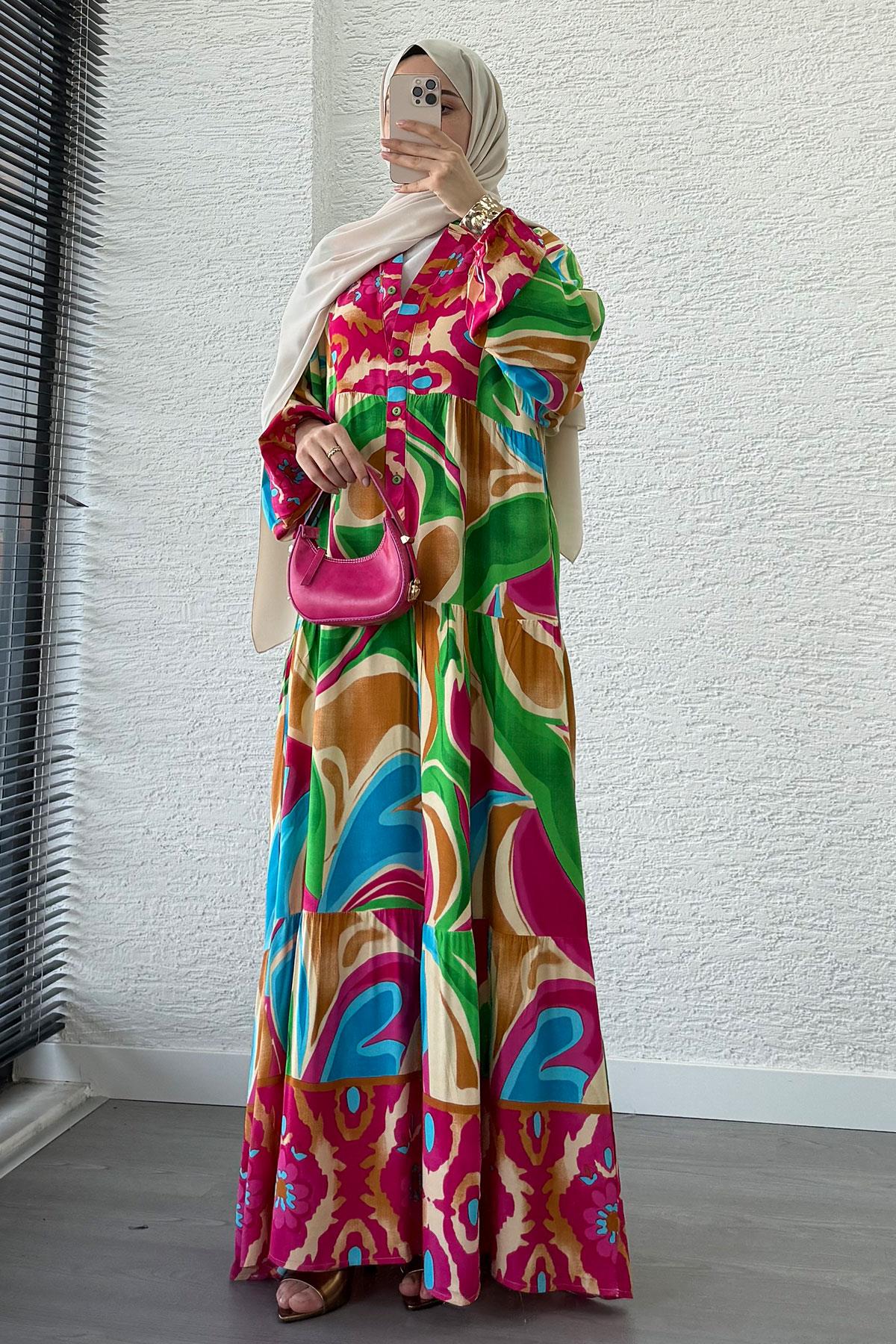 Çiçek Motifli Renkli Desen Viskon Elbise – Pembe