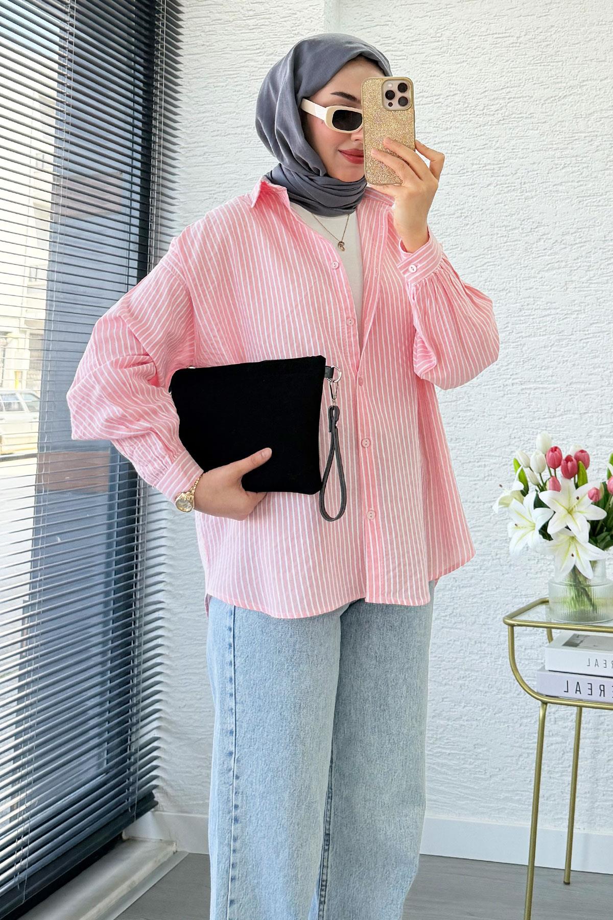 Çizgi Desen Oversize Kadın Gömlek – Pembe