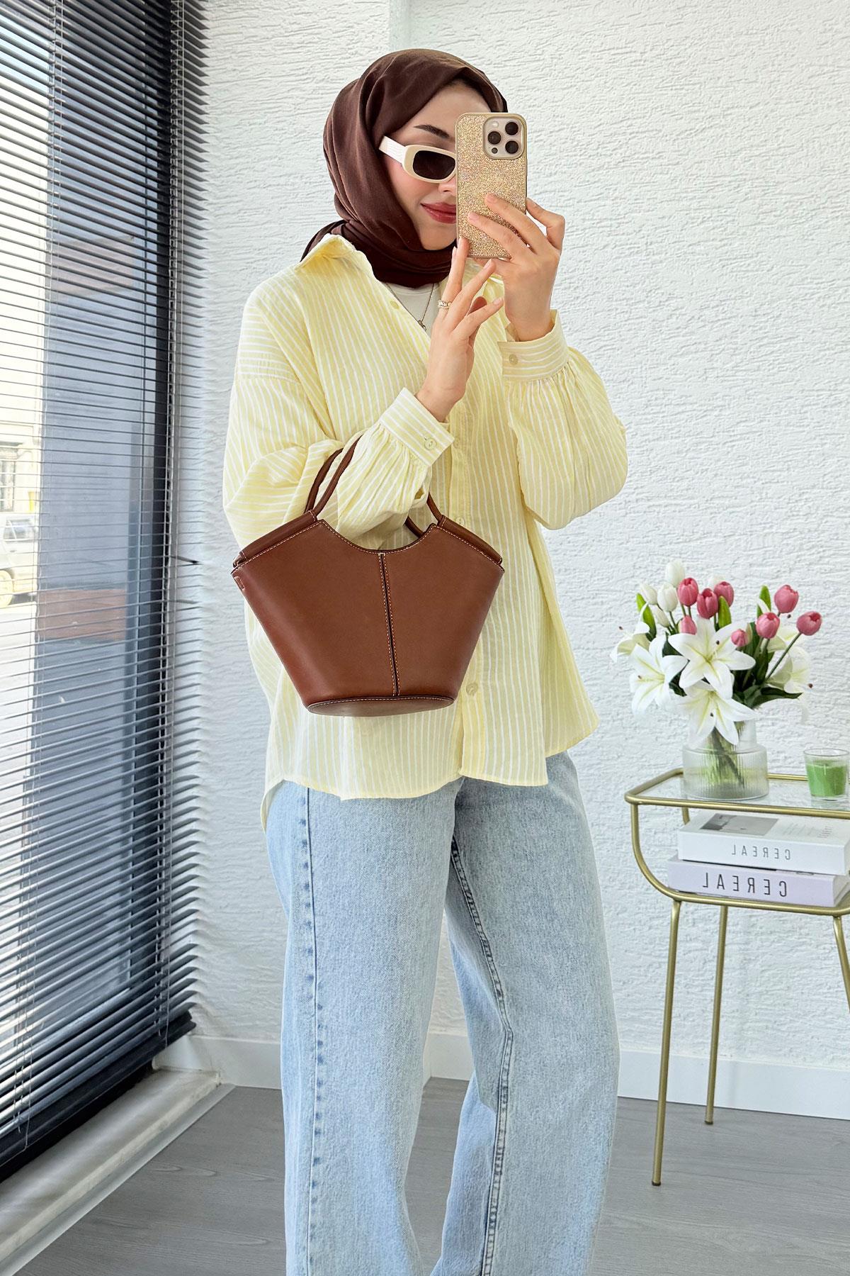 Çizgi Desen Oversize Kadın Gömlek – Sarı