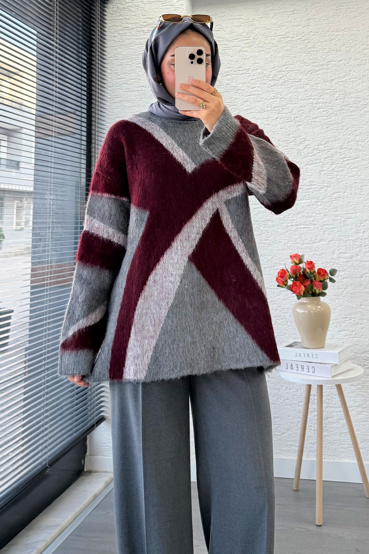 Çizgi Desen Oversize Triko Kazak – Bordo