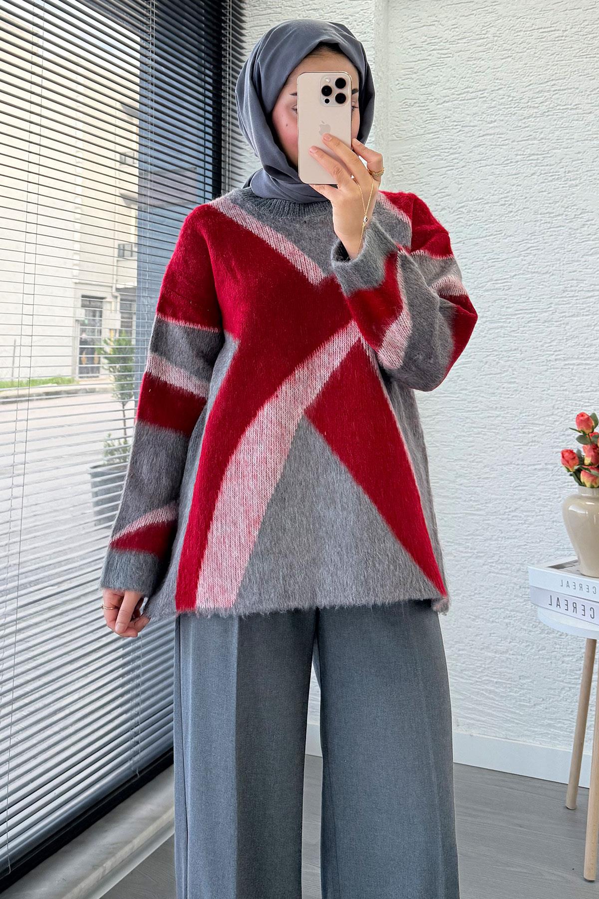 Çizgi Desen Oversize Triko Kazak – Kırmızı