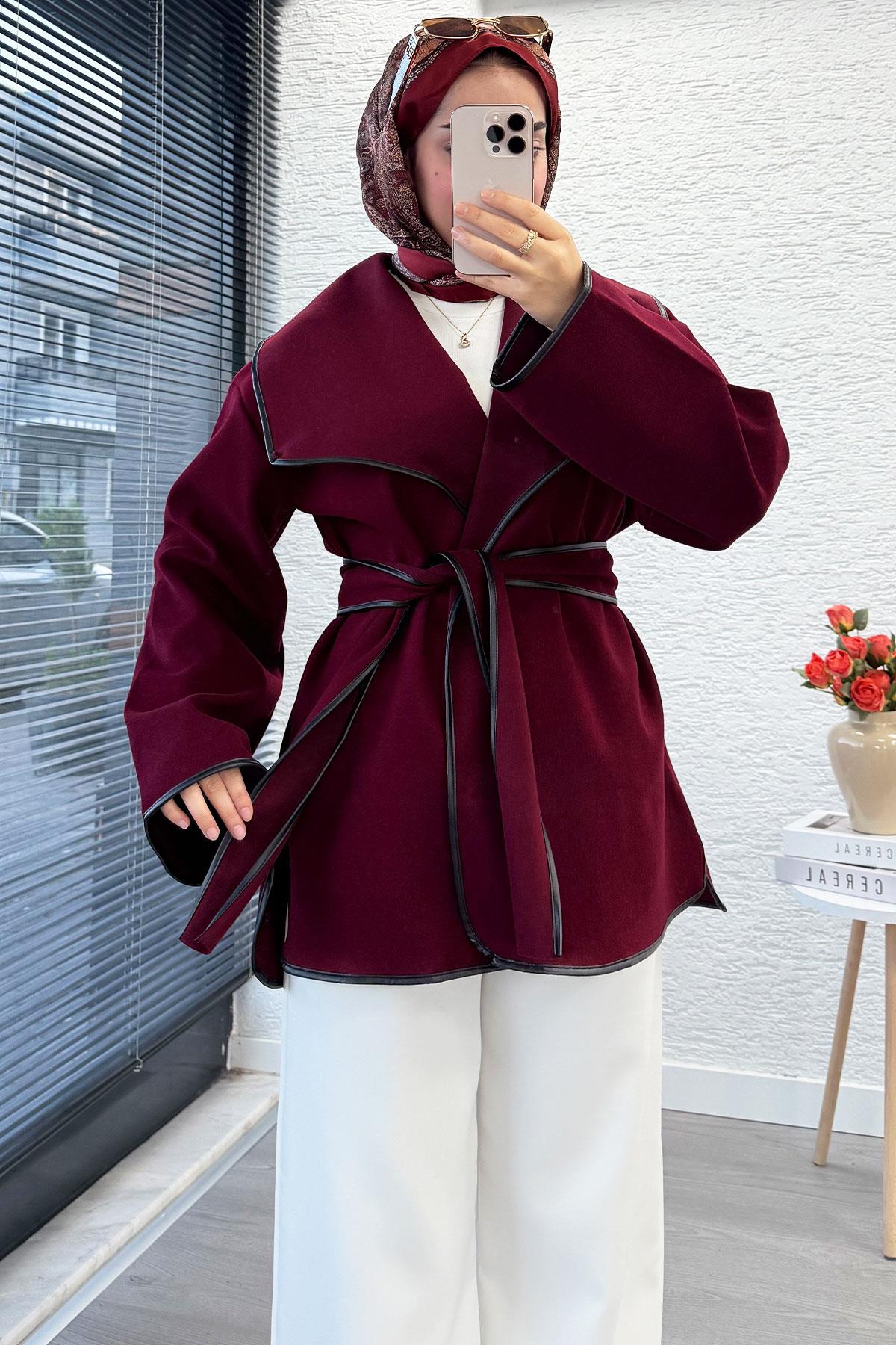 Deri Biyeli Kaşe Kadın Ceket – Bordo