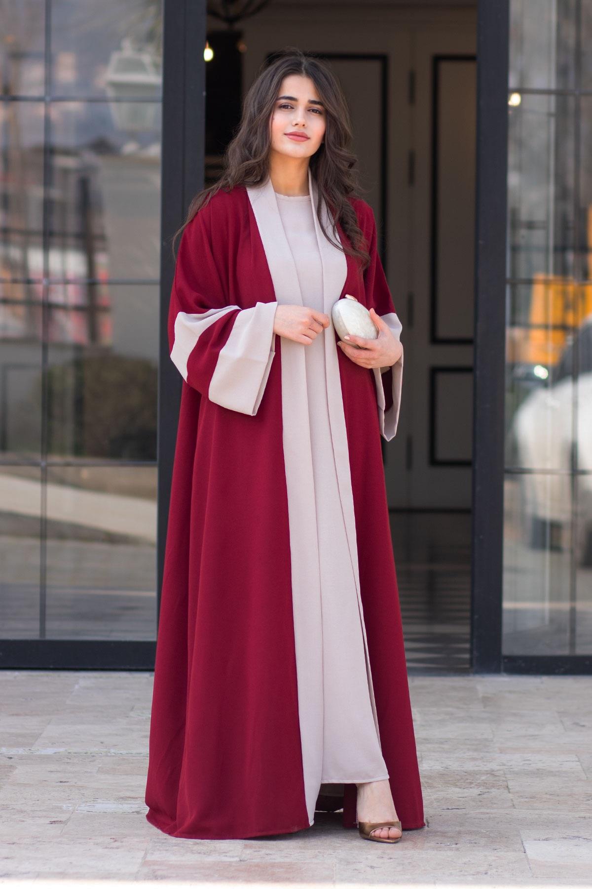 Dubai Abaya Takım - Bordo & Taş