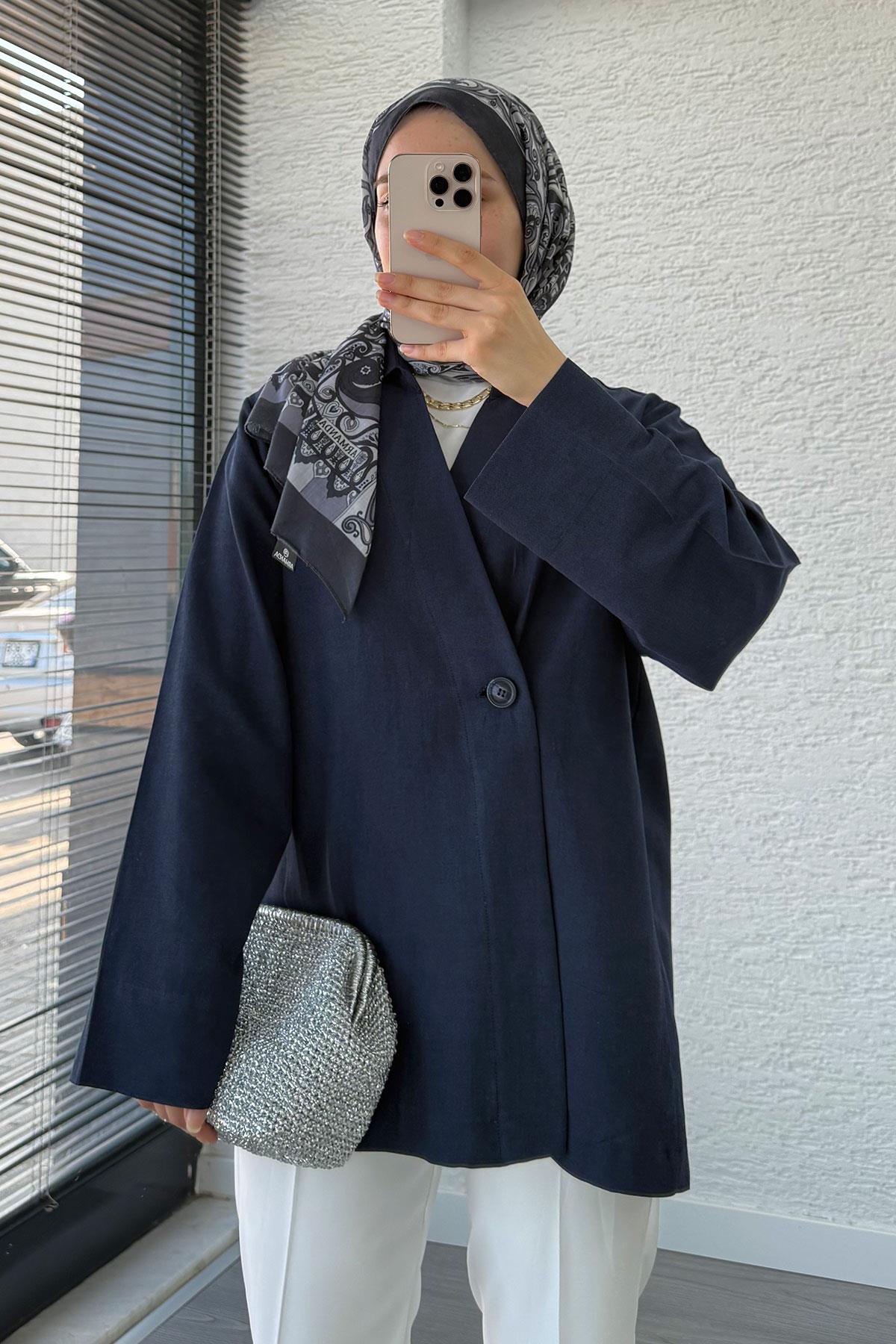 Düğme Detaylı Keten Kimono – Lacivert