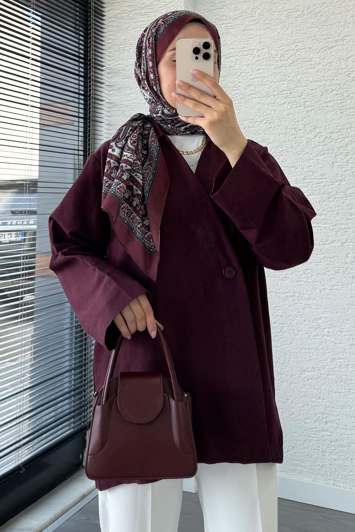 Düğme Detaylı Keten Kimono – Mürdüm