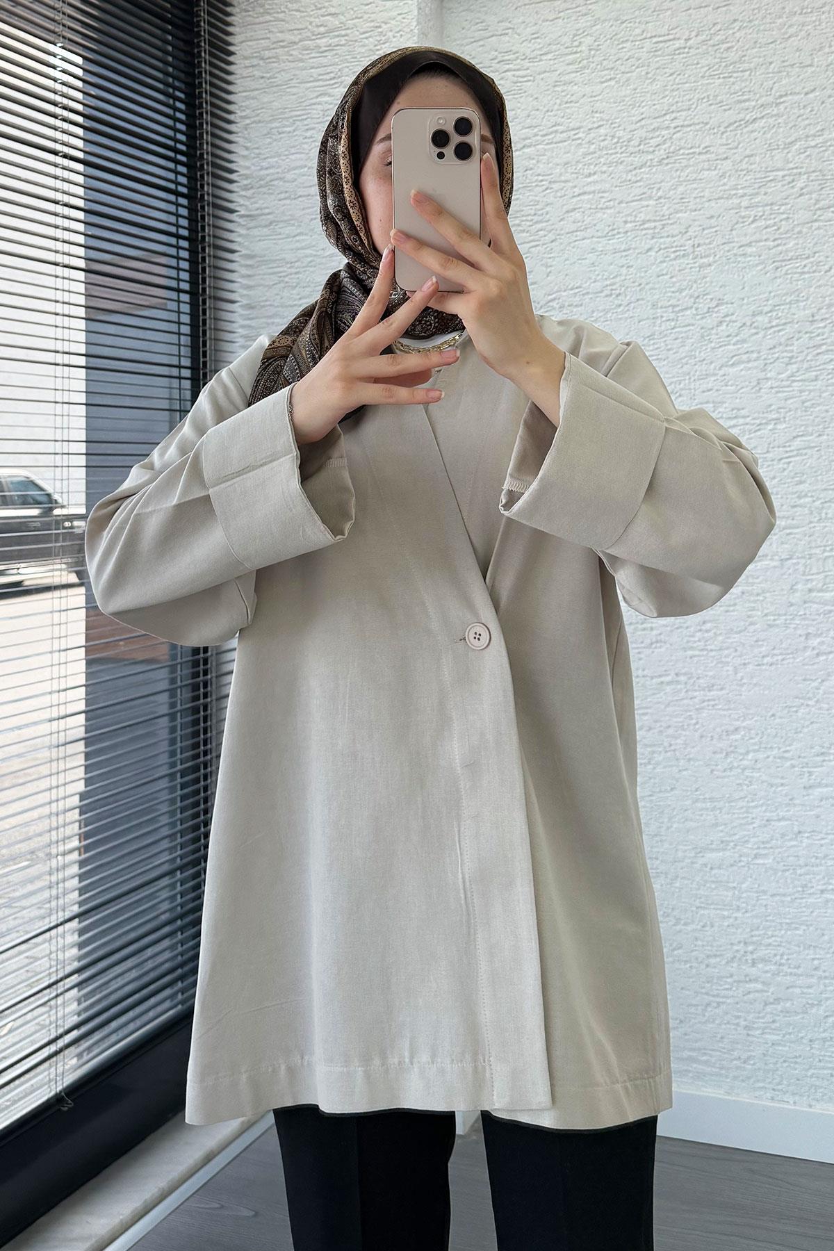 Düğme Detaylı Keten Kimono – Taş