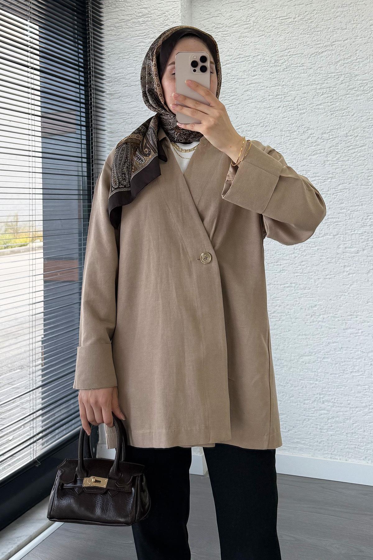Düğme Detaylı Keten Kimono – Vİzon