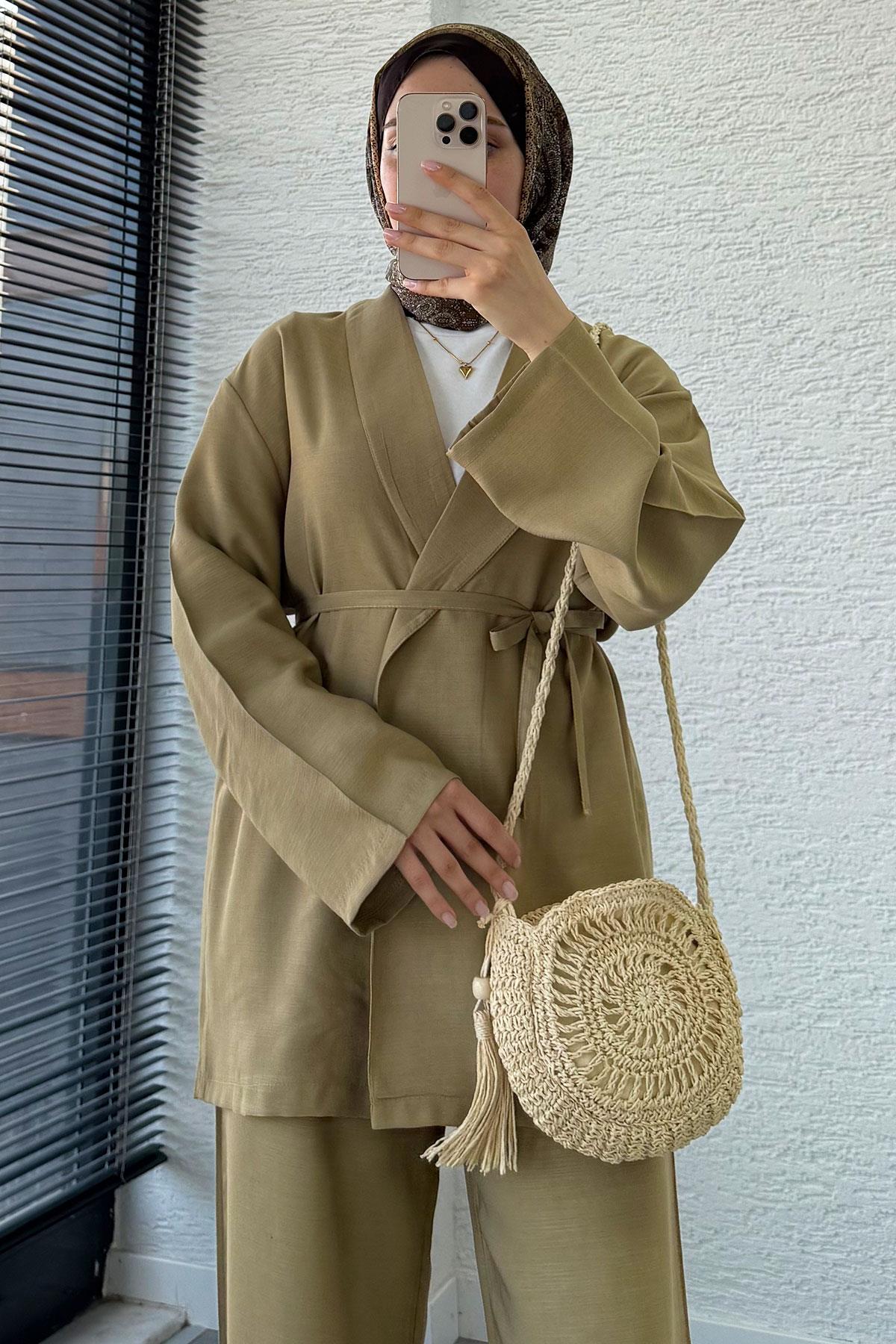 Efil Bağlamalı Kimono Takım – Yağ Yeşili