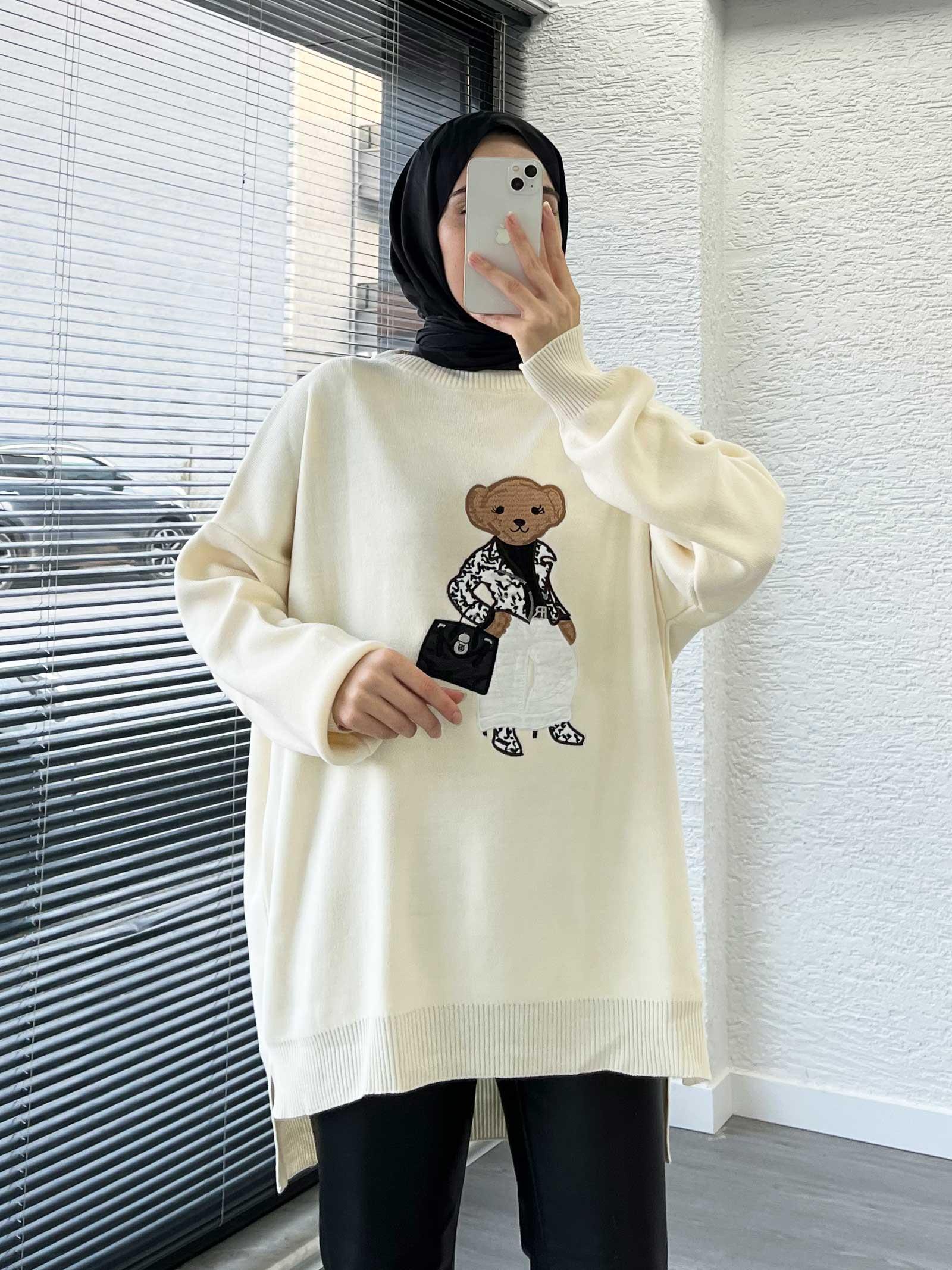 Ekru Teddy Nakışlı Oversize Kadın Kazak 