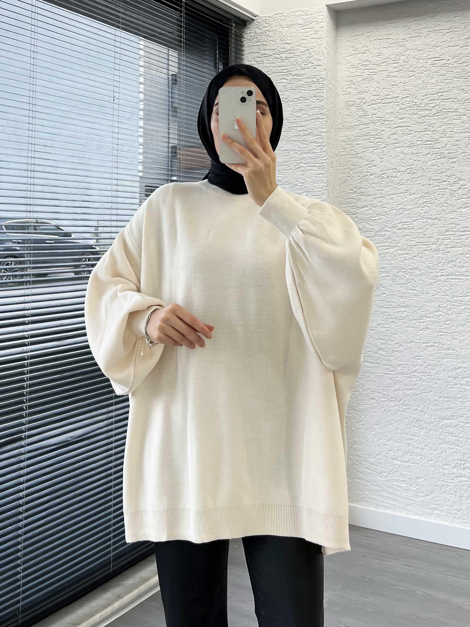 Ekru Yarasa Kollu Oversize Kadın Kazak