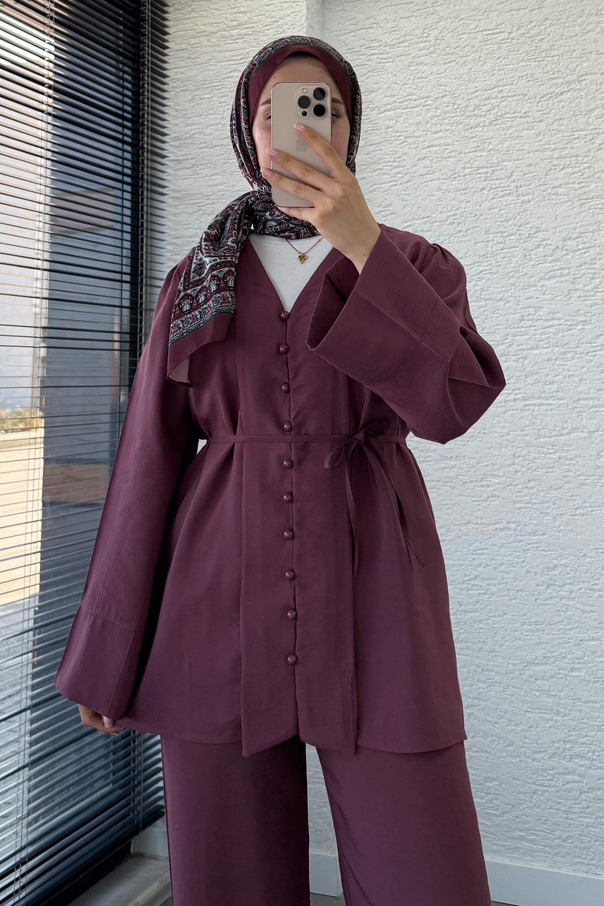 Emma Tensel Düğmeli Pantolon Takım – Mürdüm