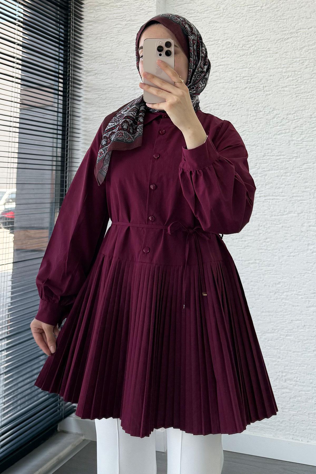 Etek Pileli Poplin Tunik - Bordo